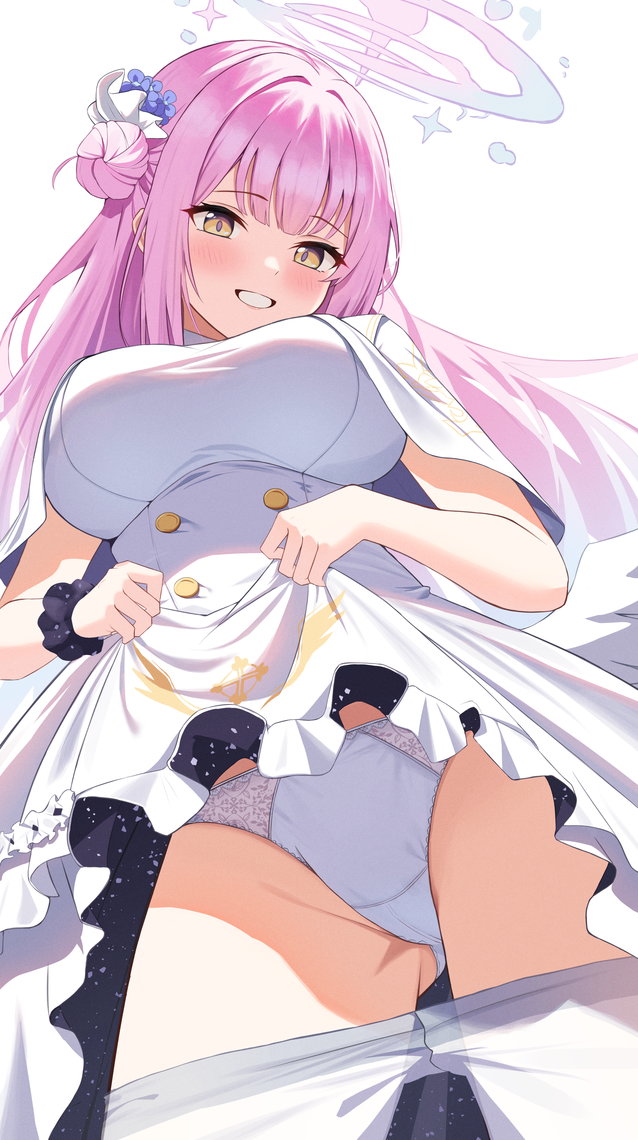 Anime 2239x4000 Misono Mika anime Blue Archive panties low-angle portrait display Rahy looking at viewer flower in hair blushing hairbun lifting dress white panties long hair pink hair yellow eyes smiling parted lips simple background dress white background frills standing white dress upskirt scrunchy anime girls big boobs