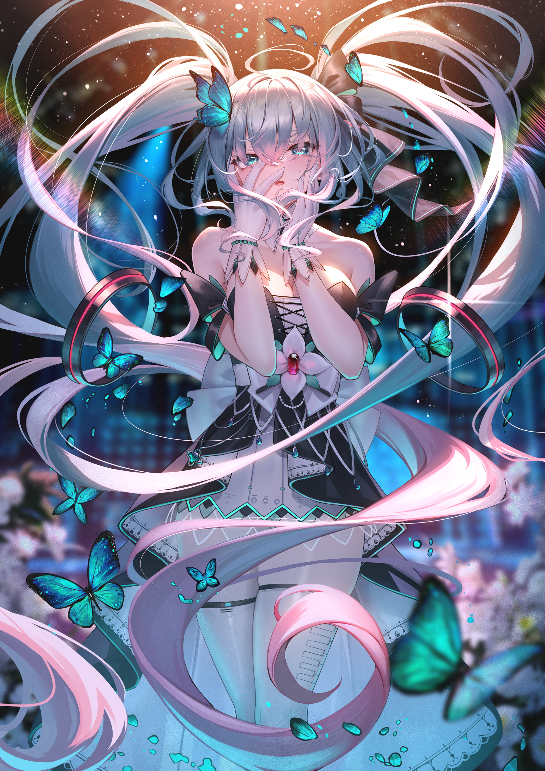 Anime 1810x2560 Vocaloid Hatsune Miku portrait display dress looking at viewer gloves twintails Blue Butterflies bare shoulders butterfly parted lips blue eyes hair between eyes petals white thigh highs standing thigh-highs white gloves blurry background MeIoN long hair depth of field hand on face blue hair anime girls touching face anime open mouth cleavage Skindentation insect