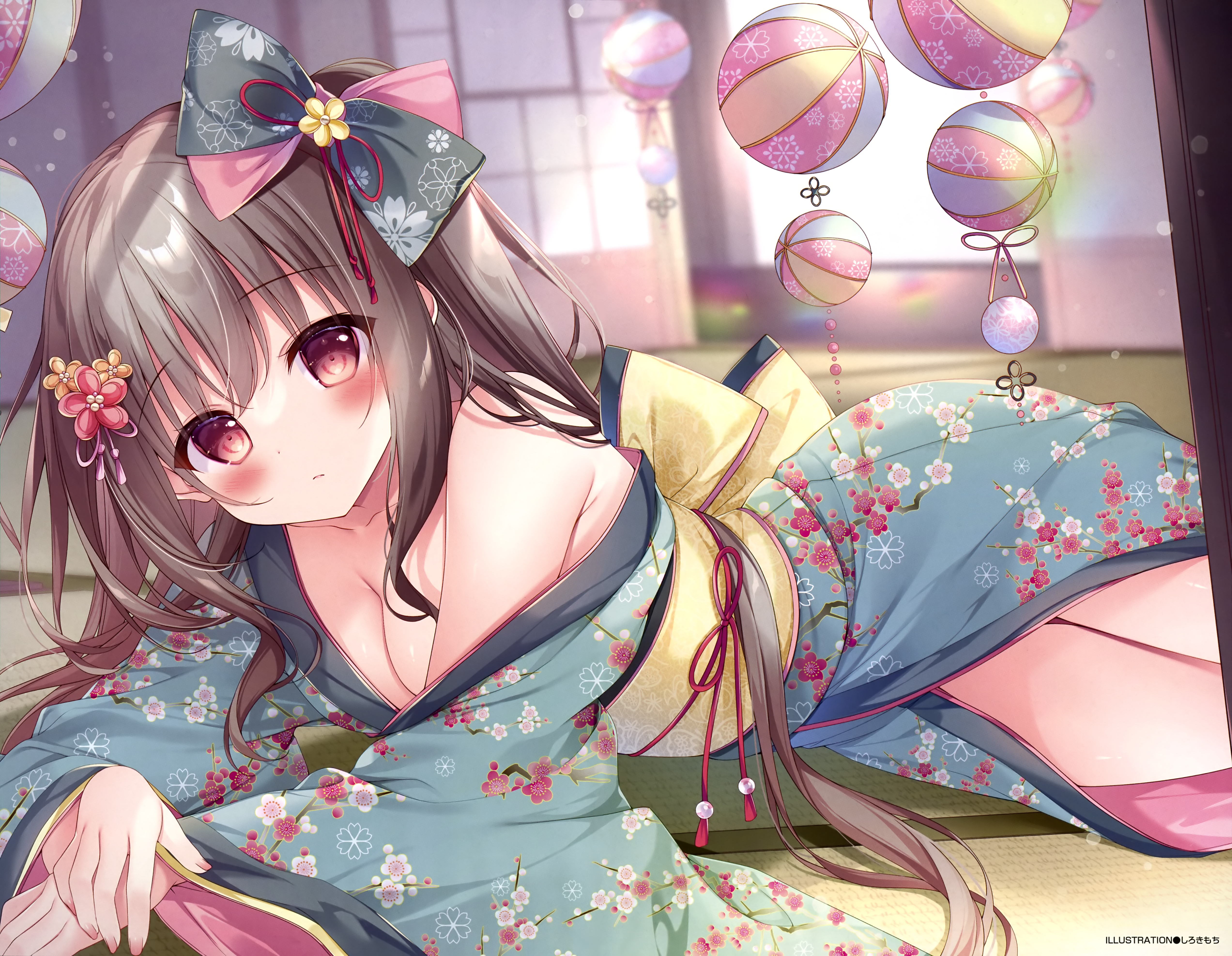 Anime 5089x3951 anime anime girls kimono Shirosei Mochi wide sleeves long sleeves lying down lying on front cleavage hair between eyes one bare shoulder floral watermarked long hair hair ornament floor on the floor closed mouth no bra collarbone legs sash boobs looking at viewer brunette gradient eyes depth of field bright