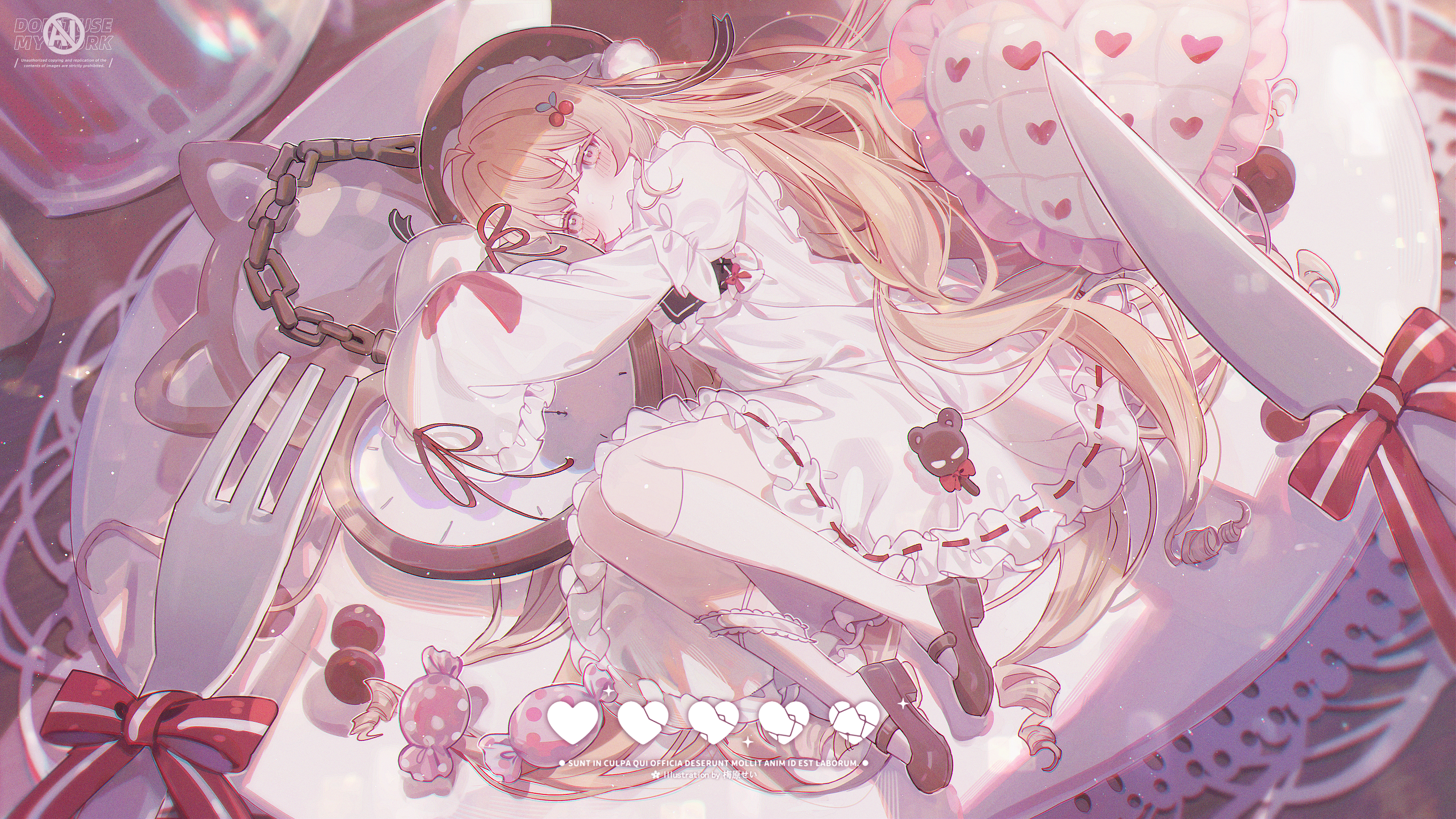 Anime 2667x1500 anime anime girls Sei Umehara long hair lying down lying on side looking at viewer fork watermarked blushing hair between eyes plates hair ornament thigh-highs white thigh highs knife Heart Shaped Pillow pillow bent legs frill dress dress frills blonde long sleeves pocket watch closed mouth cutlery