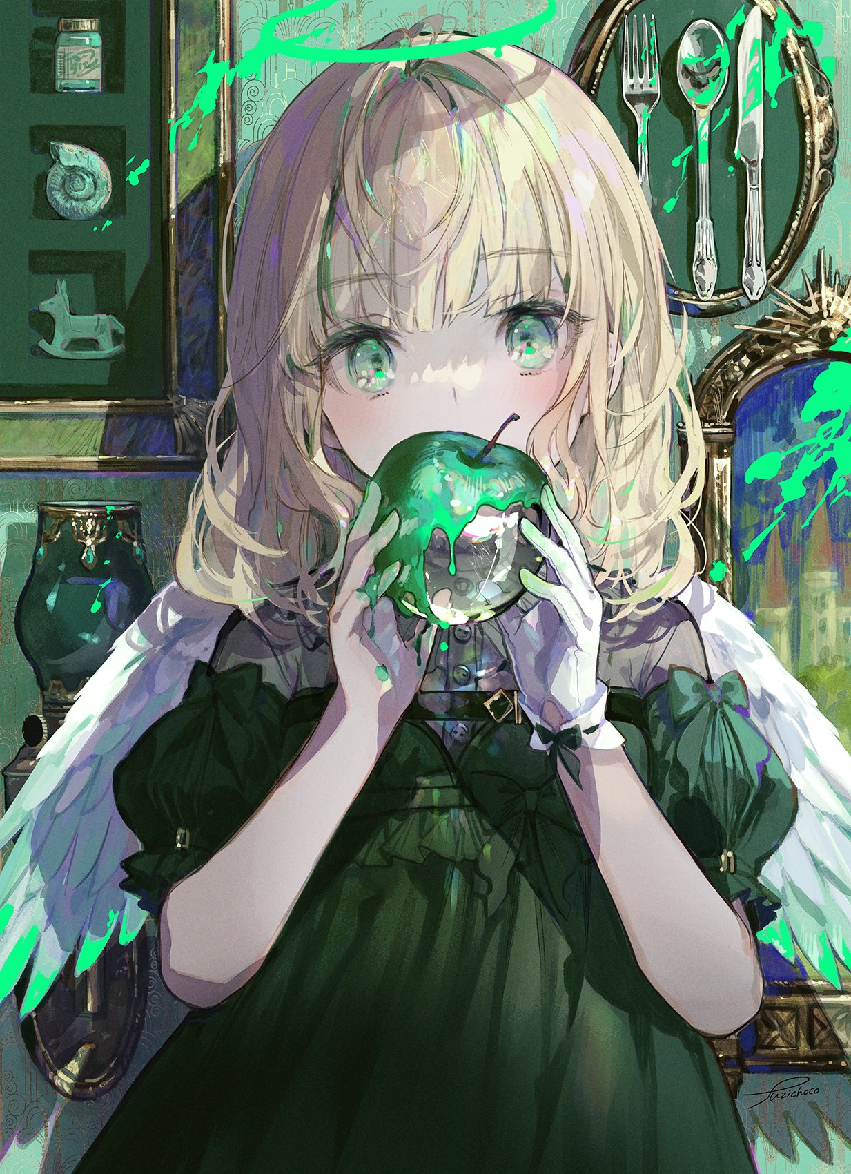 Anime 1233x1700 anime girls green apple Fuji Choko portrait display looking at viewer blonde long hair covering mouth fruit apples food picture frames cutlery spoon fork knife missing glove gloves white gloves wings short sleeves halo blood women indoors indoors standing seashells puffy sleeves original characters dress anime signature