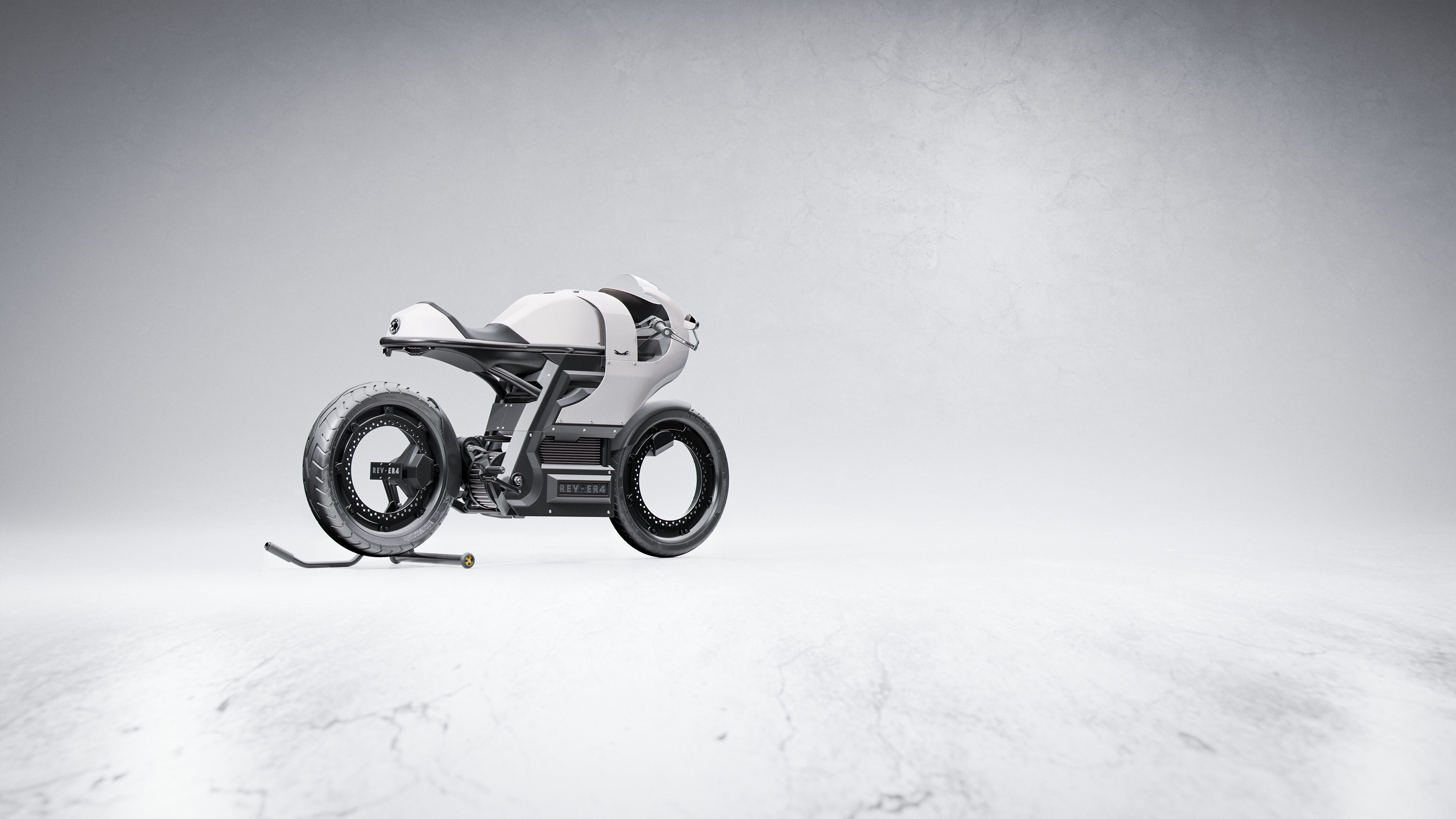 General 3840x2160 Cafe Racer motorcycle concept cars futuristic Shafeek Akil Cybartian REVer4 Speed Design retro style photography CGI simple background digital art side view minimalism vehicle