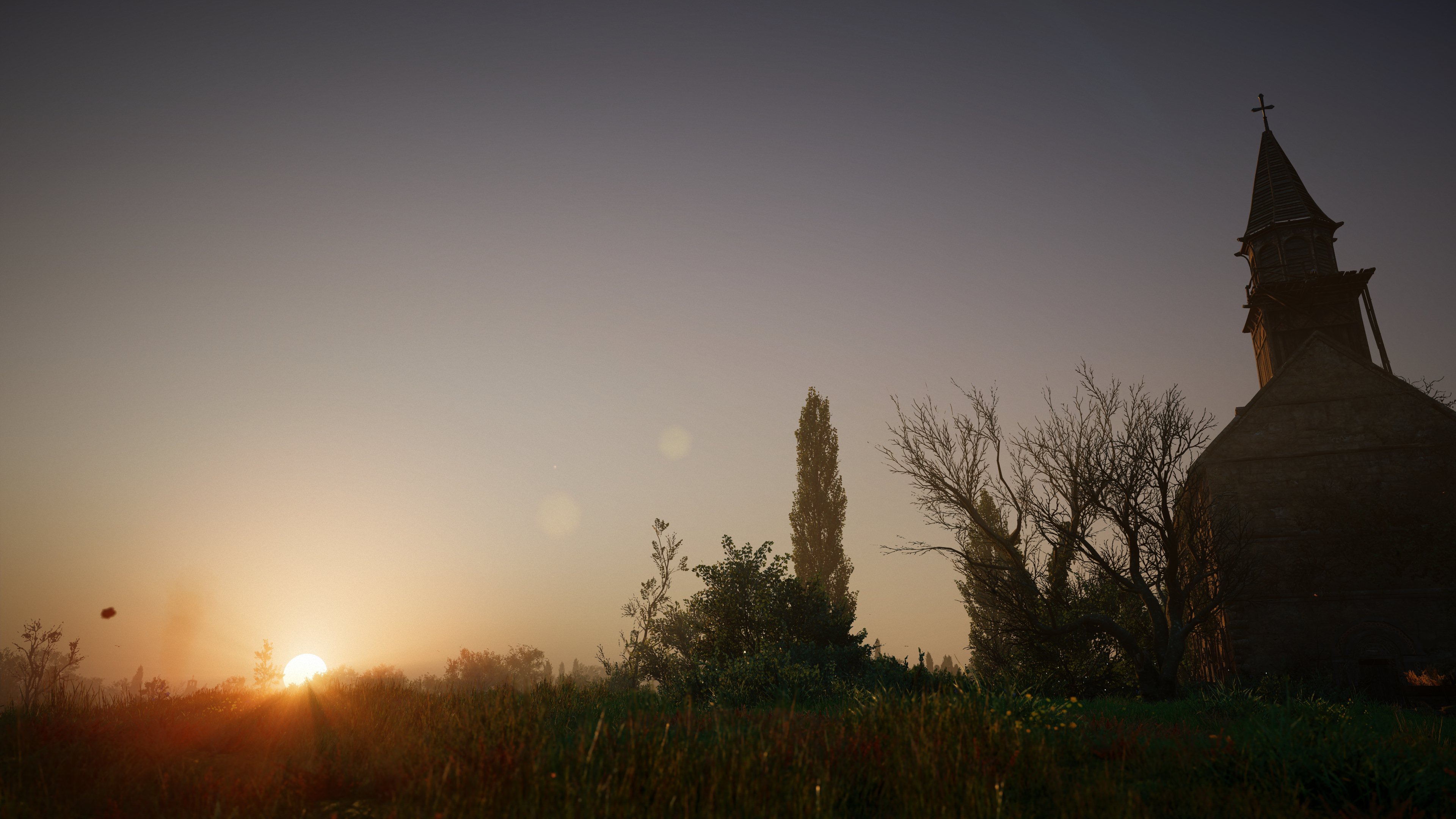 General 3840x2160 Assassin's Creed: Valhalla Ubisoft digital art video game art screen shot video games sunlight sunrise grass CGI building sky trees Sun