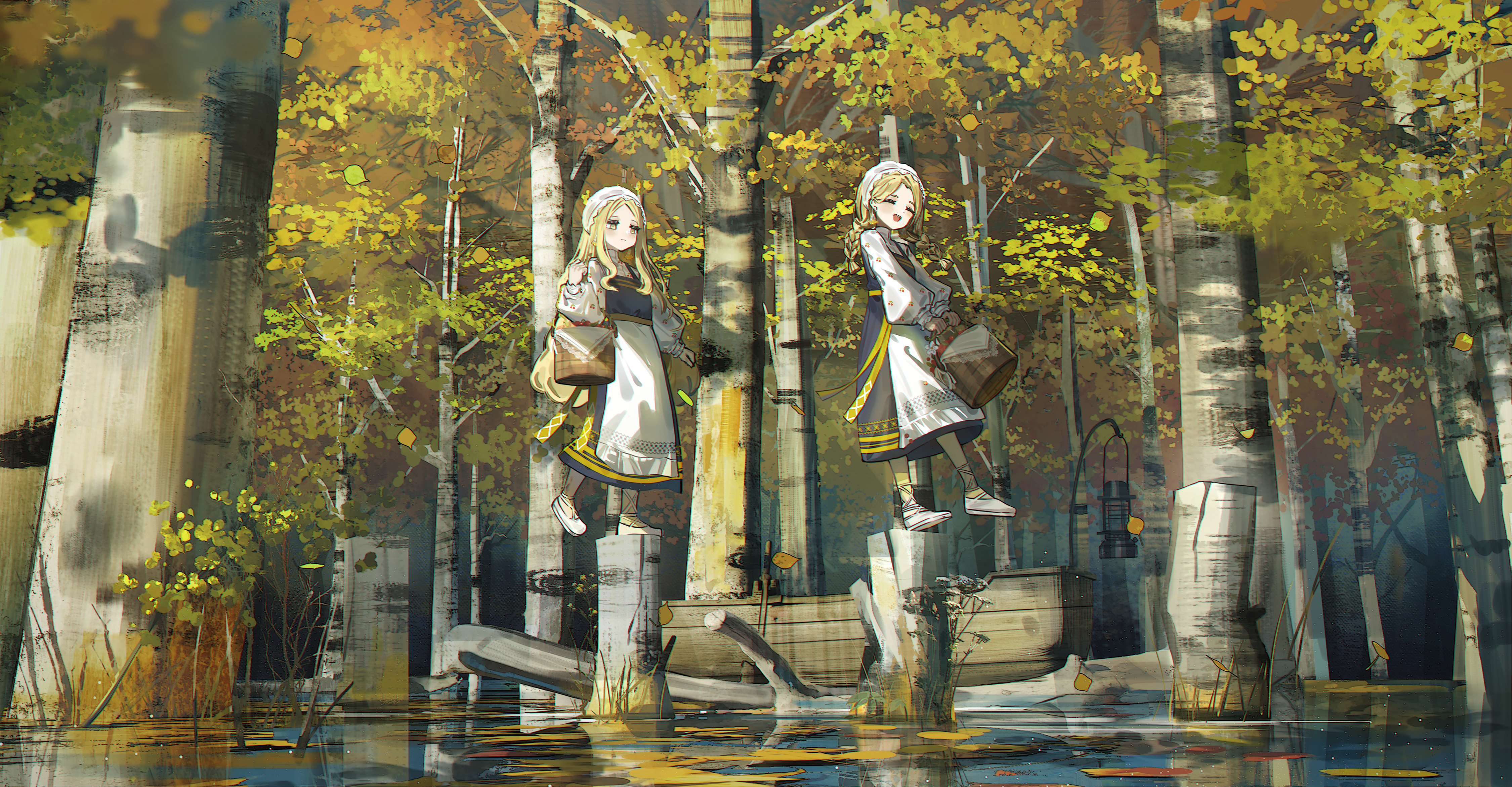 Anime 4500x2342 gekidan anime anime girls standing tree trunk forest water oak trees dress long hair blonde picnic basket yellow eyes yellow leaves nature smiling frown standing on one leg closed eyes closed mouth trees sunlight wood outdoors women outdoors
