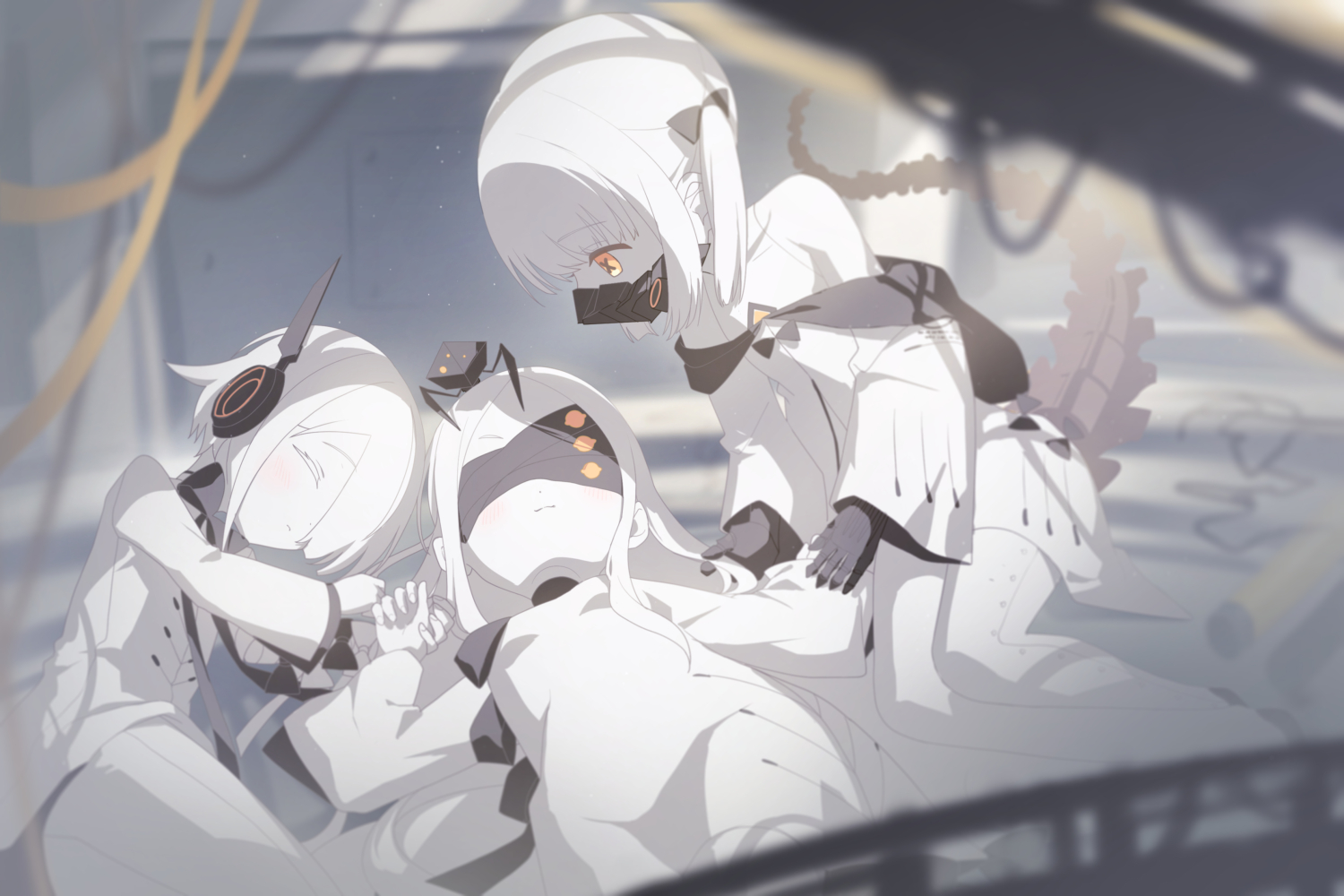 Anime 1500x1000 white hair anime girls video game characters wires multiple characters white dress yellow eyes fan art Blue Archive mask Sof (Blue Archive) Ein (Blue Archive) Ohr (Blue Archive) gloves lying down lying on back closed eyes sleeping hair over one eye blindfold closed mouth blushing