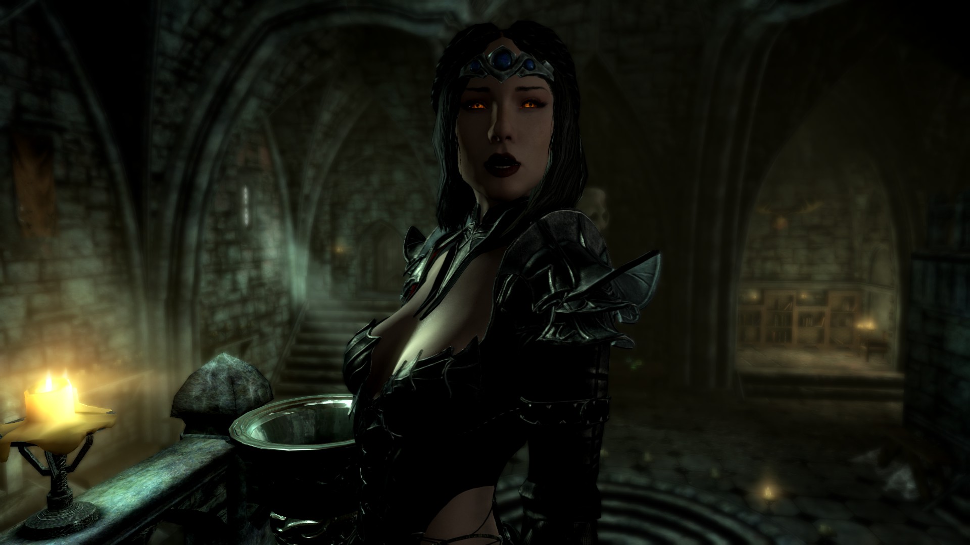General 1920x1080 The Elder Scrolls V: Skyrim video games Serana video game characters CGI video game art screen shot looking at viewer standing open mouth black lipstick video game girls lipstick teeth stairs interior depth of field