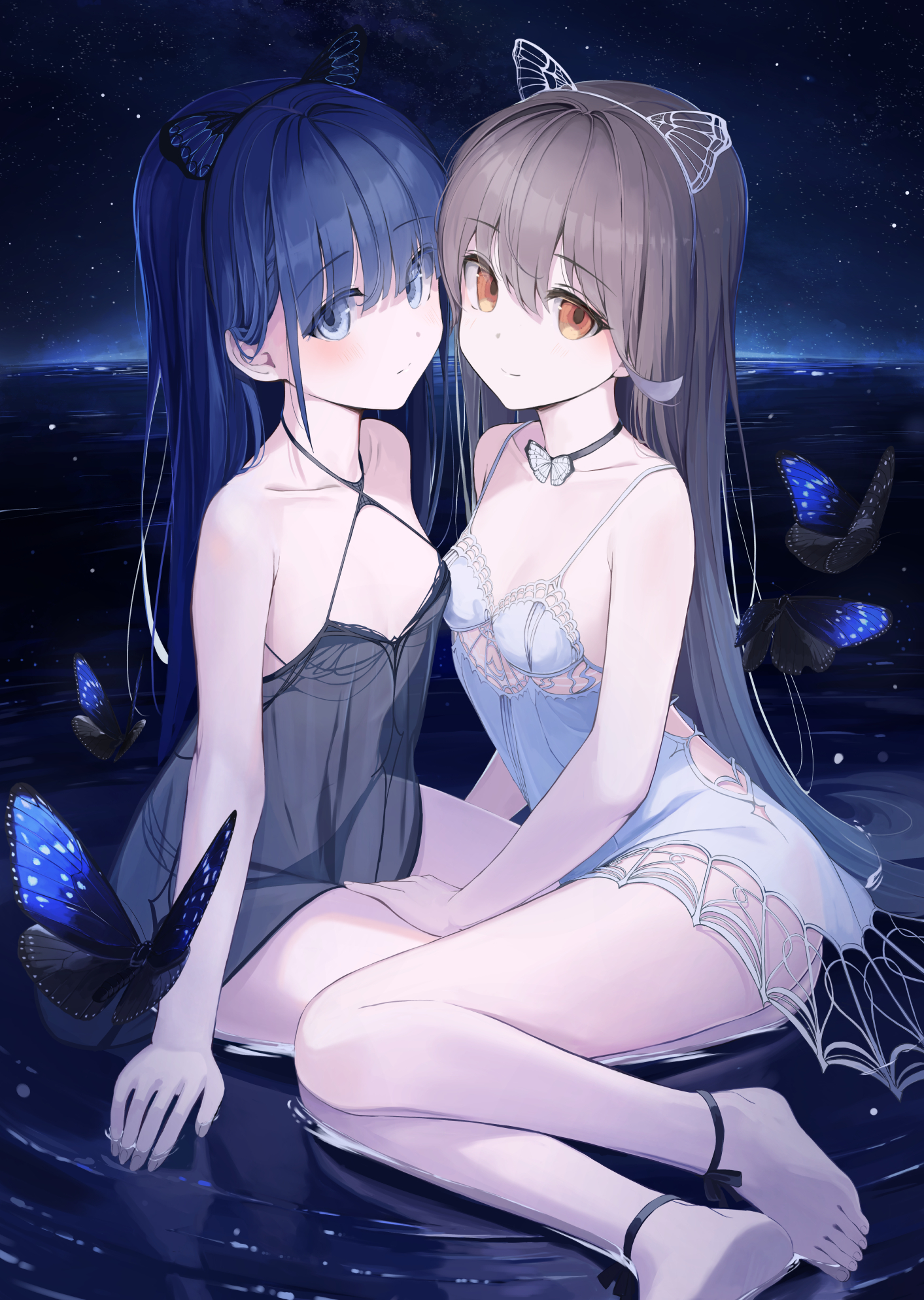 Anime 1413x1988 anime anime girls two women toes anklet barefoot butterfly wings bangs hand on thigh orange eyes blue eyes legs together looking at viewer lingerie panties portrait display mikisai knees together collarbone long hair blushing closed mouth insect water dress butterfly bent legs hair between eyes legs