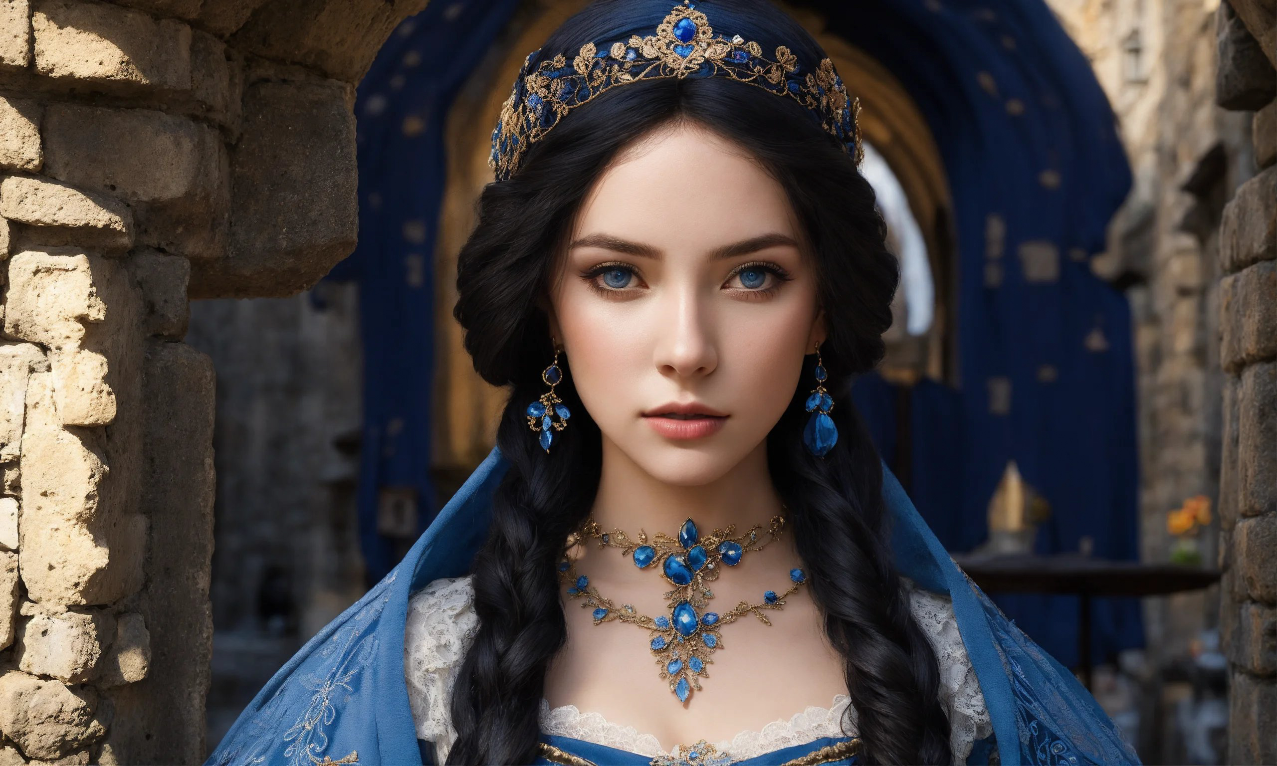 General 2560x1536 AI art digital art portrait women princess medieval medieval clothes face looking at viewer earring parted lips long hair depth of field black hair blue eyes hair ornament