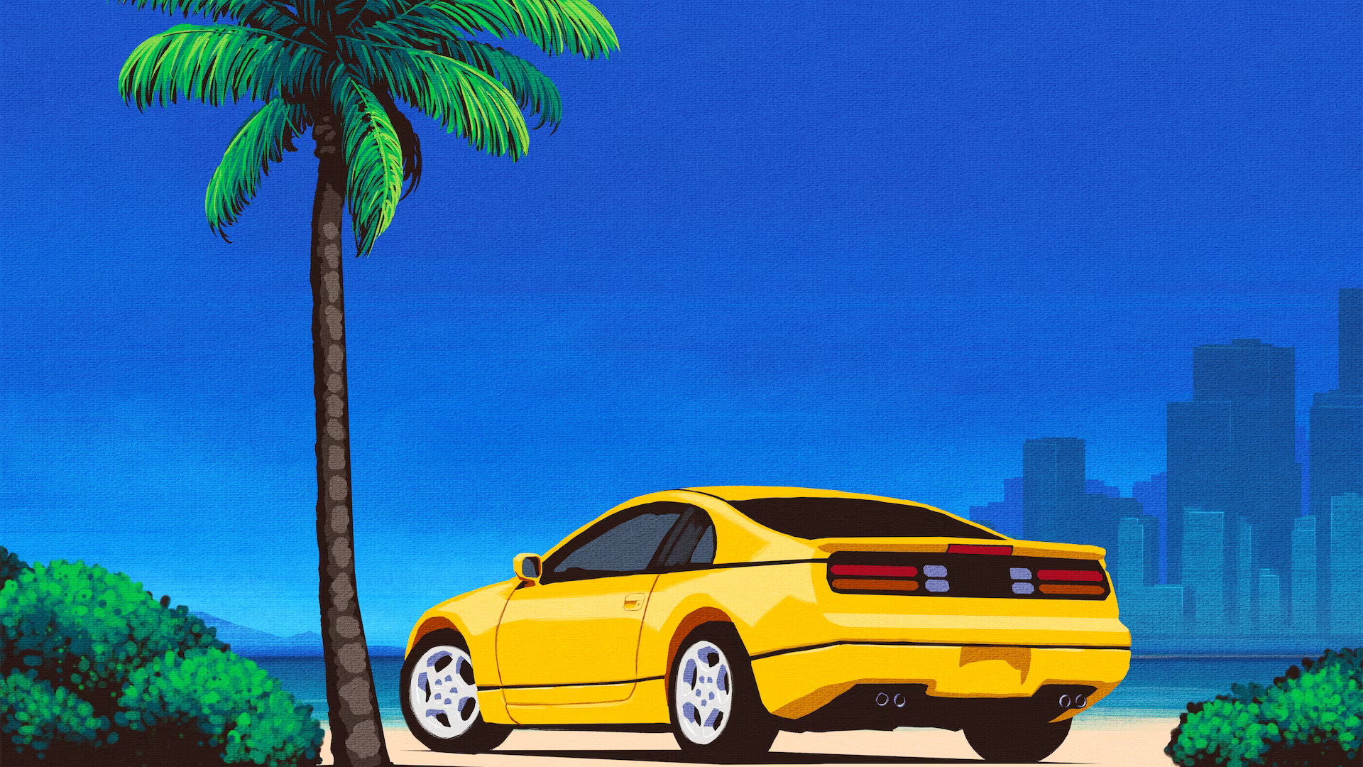 General 1920x1080 video game art clear sky palm trees car Nissan 300ZX vehicle rear view city water building yellow cars