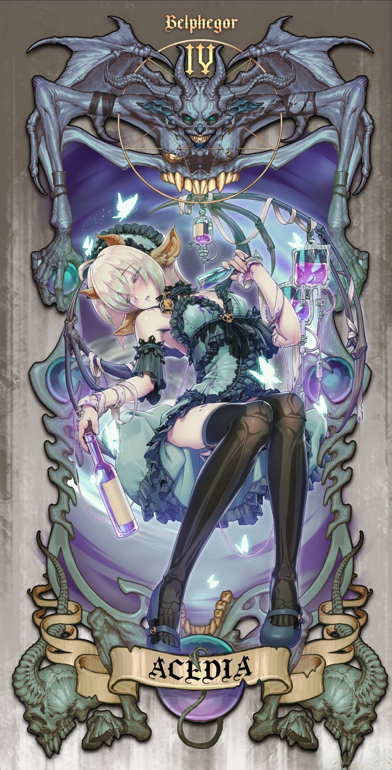 Anime 1280x2515 original characters cards Sloth (sin) portrait display anime girls digital art closed eyes demon short hair blonde sleeping bare shoulders horns animal ears bent legs sitting dress tailcoat frills glass bottle butterfly insect frill dress collar Latin ahoge