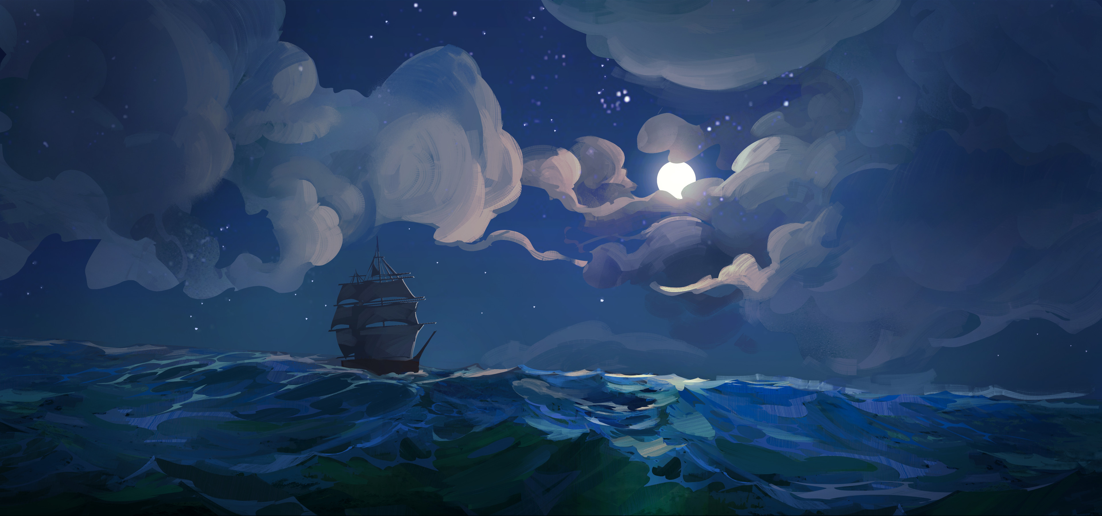 General 3840x1800 Hue Teo digital art artwork illustration sea night boat clouds Moon sky water moonlight ship waves stars