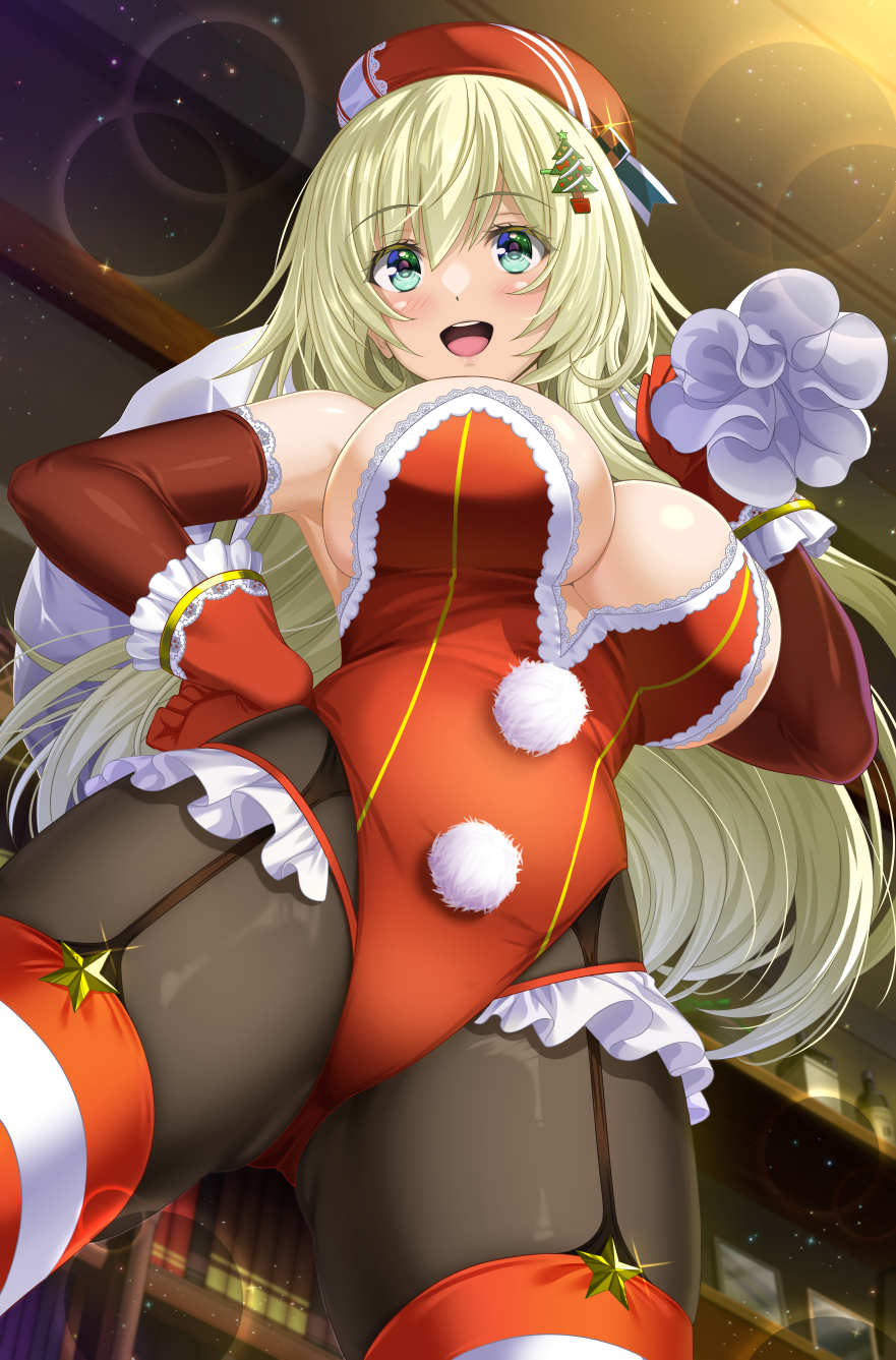 Anime 881x1337 Kantai Collection berets portrait display long hair Atago (KanColle) blonde huge breasts red leotard green eyes Military Beret looking at viewer leotard detached sleeves thighs red gloves open mouth women indoors blushing armpits black pantyhose pantyhose garter straps striped legwear stockings Christmas clothes gloves Christmas hands on hips hair ornament thick thigh Shibata Rai anime girls low-angle one arm up hat sack bag