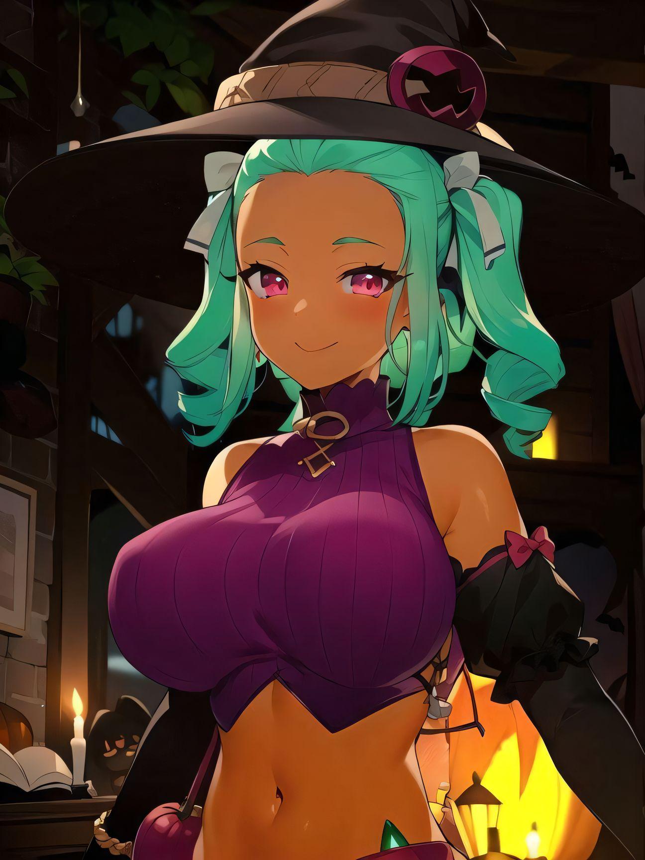 Anime 1296x1728 Ruby RoseHeart original characters witch purple clothing purple eyes blue hair women blushing big boobs AI art looking at viewer portrait display slim body closed mouth smiling candles fire night witch hat bare shoulders detached sleeves skinny digital art