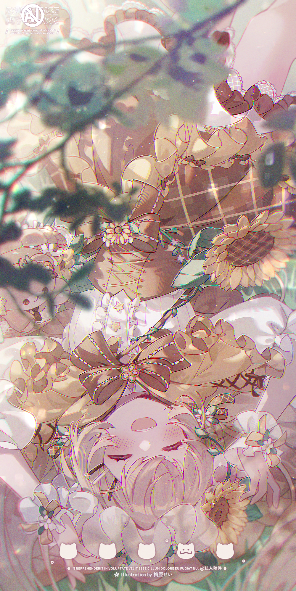 Anime 1000x1997 anime anime girls Pixiv portrait display open mouth closed eyes blushing upside down watermarked sunflowers wrist cuffs dress doll frills frill dress leaves hair ornament plants