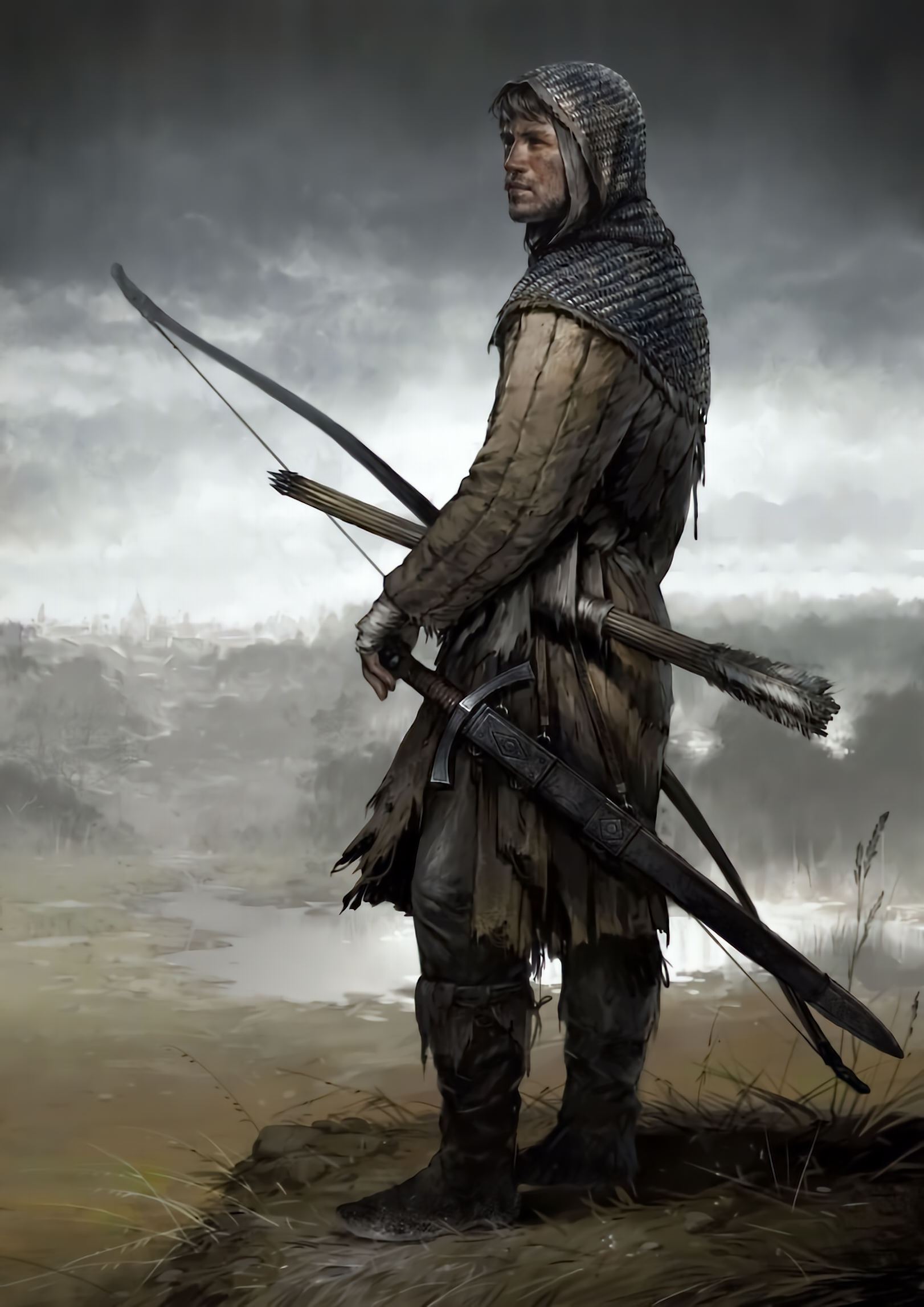General 1622x2296 fantasy art warrior archer digital art portrait display standing looking away closed mouth hoods bow and arrow men sword boots