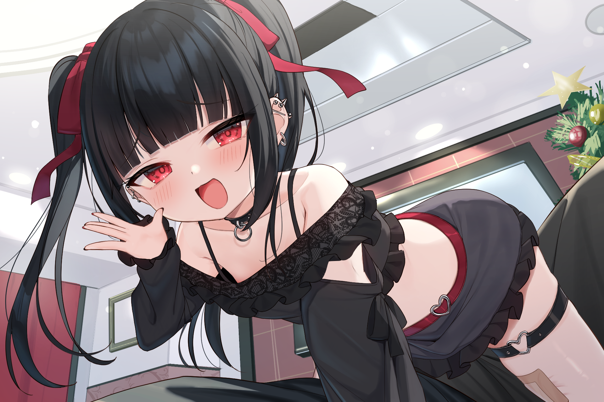 Anime 1920x1280 anime anime girls Tsukiman open mouth looking at viewer red eyes indoors women indoors bent over twintails ear piercing black hair bare shoulders collarbone off shoulder Skindentation Band-Aid earring ceiling skirt frills crop top blunt bangs Christmas ornaments  bangs Christmas tree hair ribbon red ribbon