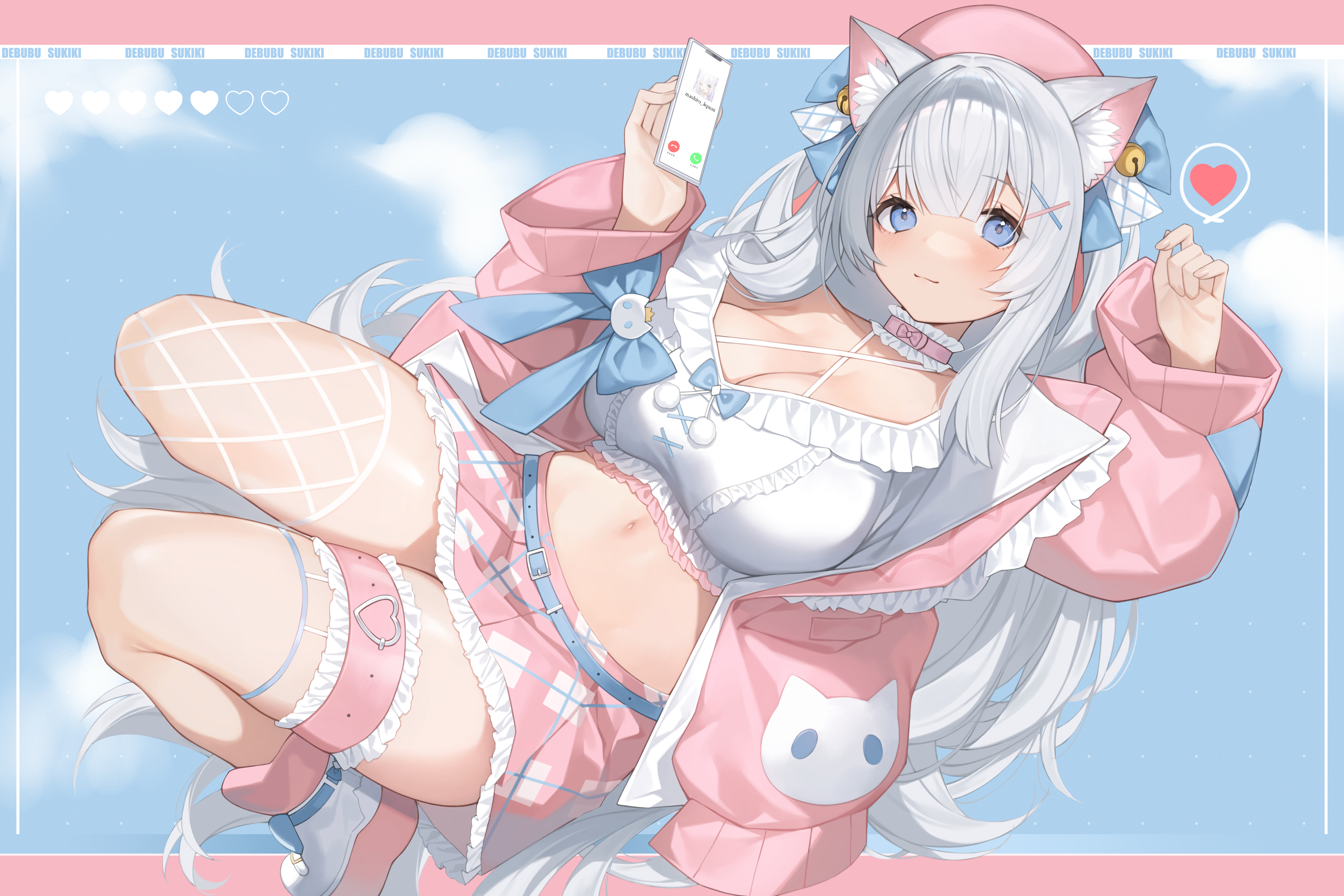 Anime 4500x3000 anime anime girls Virtual Youtuber Chucolala Shirayuki Aria skirt animal ears cat ears jacket long hair cleavage big boobs silver hair blue eyes fishnet phone smartphone Yykuaixian belly belly button heart ankle boots pink skirt looking at viewer bangs missing stocking bent legs fishnet stockings choker hair ornament holding phone pink jacket long sleeves closed mouth