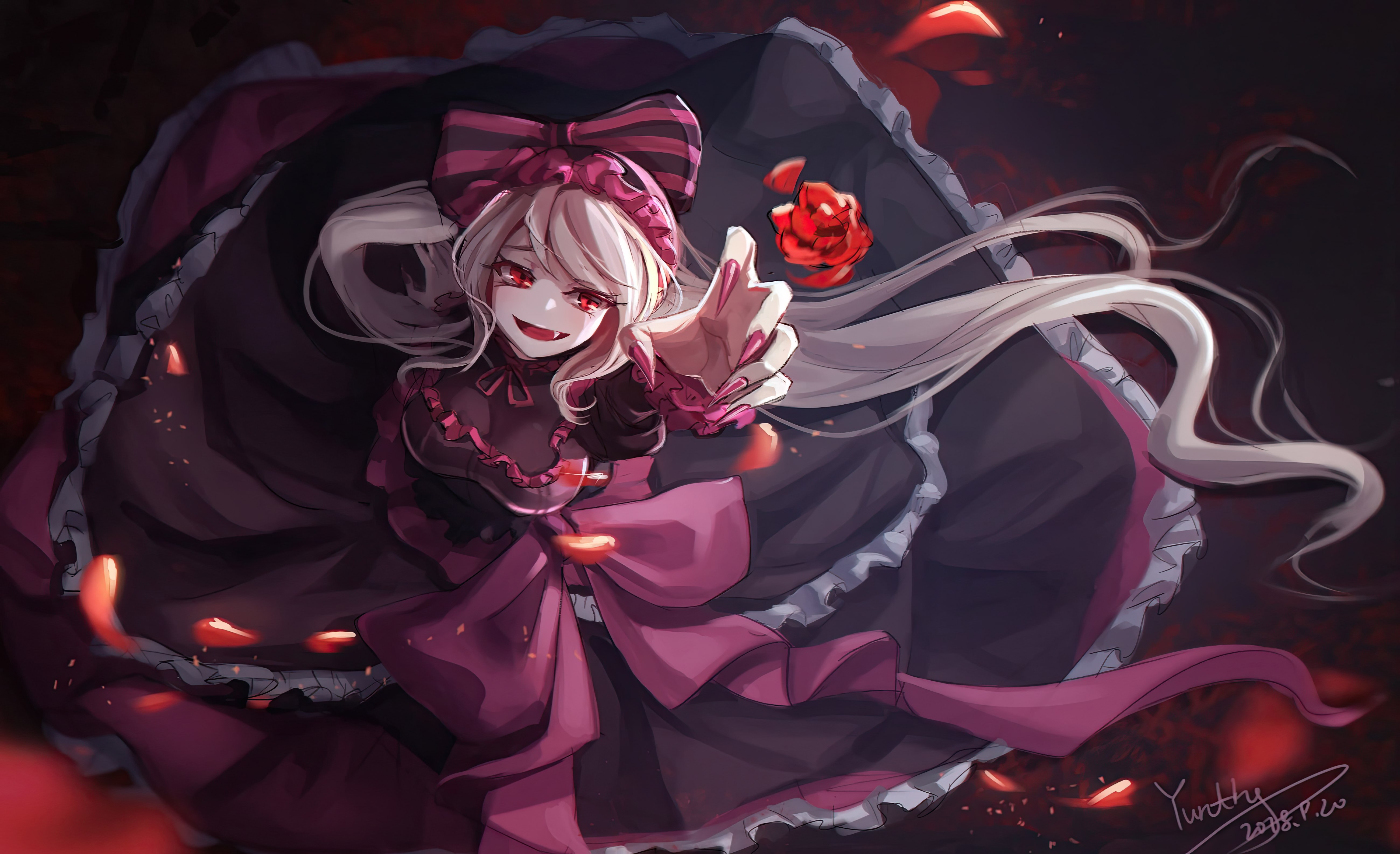 Anime 5200x3172 anime girls vampire girl gothic Overlord (anime) looking at viewer long hair open mouth red eyes long nails red nails signature petals rose dress frills fangs Shalltear Bloodfallen smiling looking up white hair