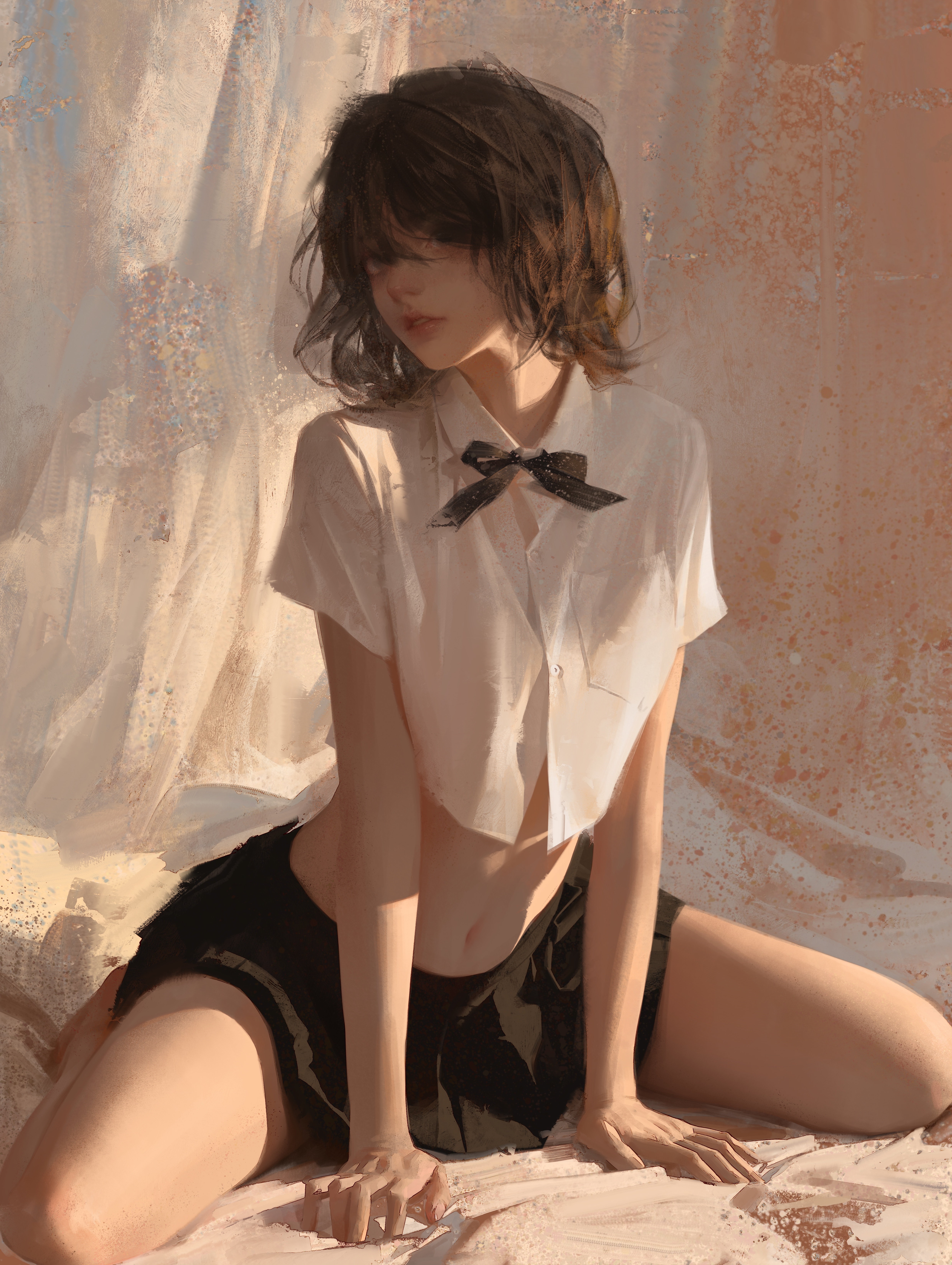 General 4961x6593 artwork illustration women portrait portrait display short hair dark hair skirt looking at viewer bow tie white shirt sunlight kneeling hair over eyes on the floor hair in face parted lips frontal view bare midriff barefoot hand(s) between legs ILLDIAN digital art bent legs