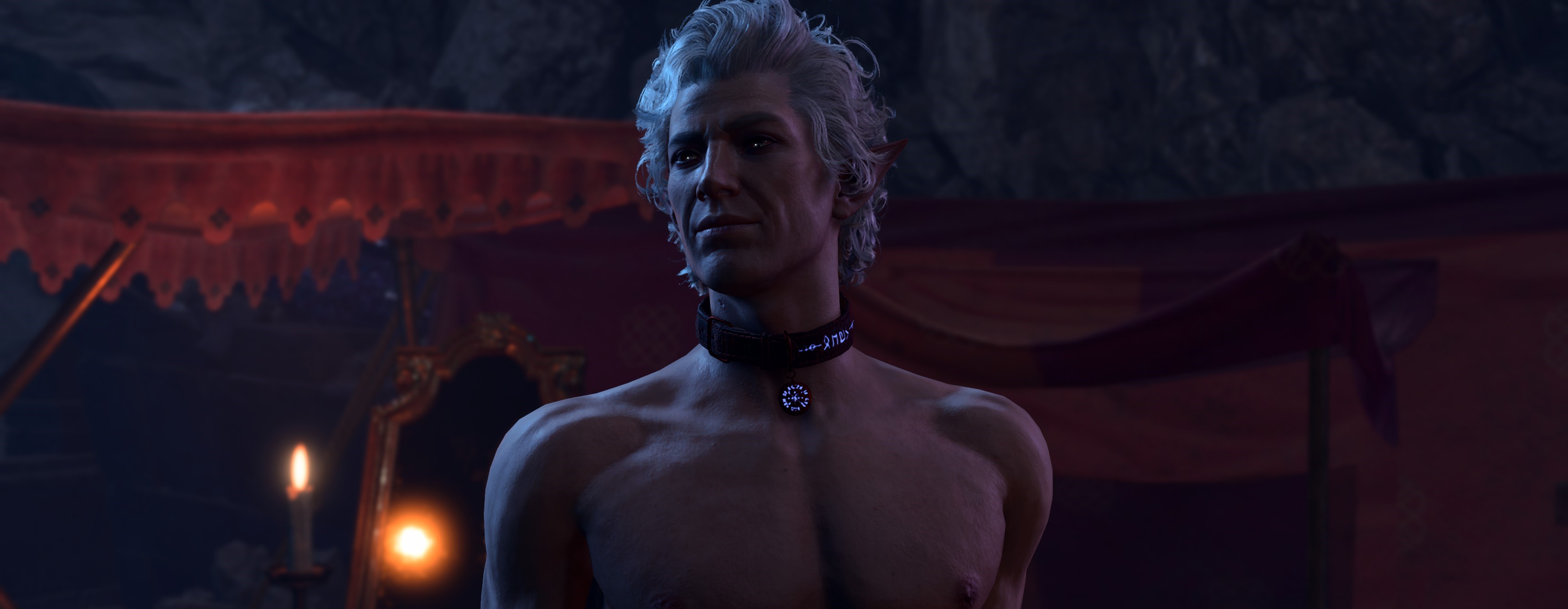 General 3440x1337 Baldur's Gate 3 video games Astarion Dungeons & Dragons chests video game men video game characters CGI video game art screen shot shirtless collarbone closed mouth short hair white hair looking away collar
