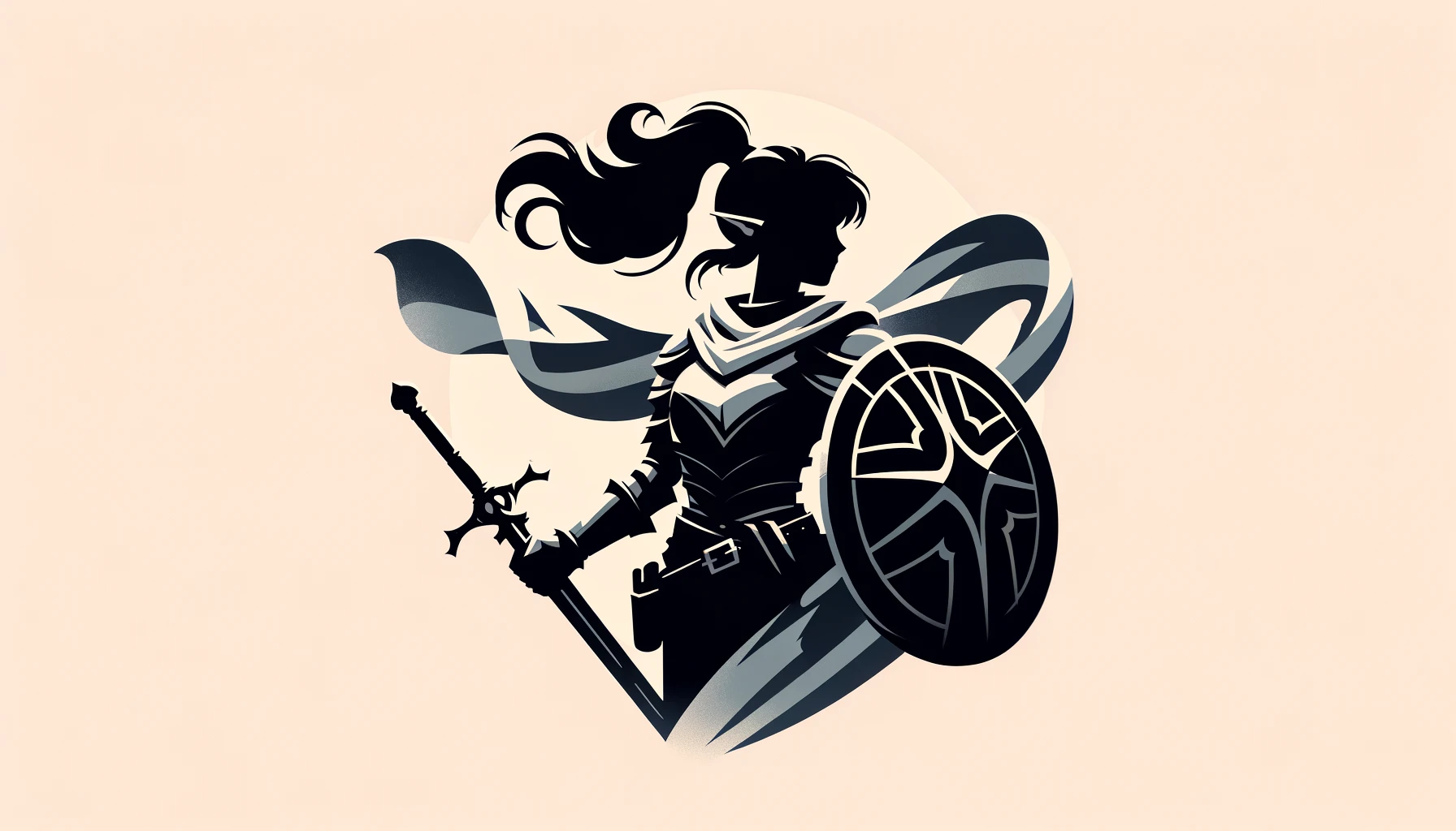 General 1792x1024 minimalism Dungeons & Dragons simple background sword shield women fictional character ribbon ponytail profile belt AI art female warrior pointy ears long hair armor women with swords cape