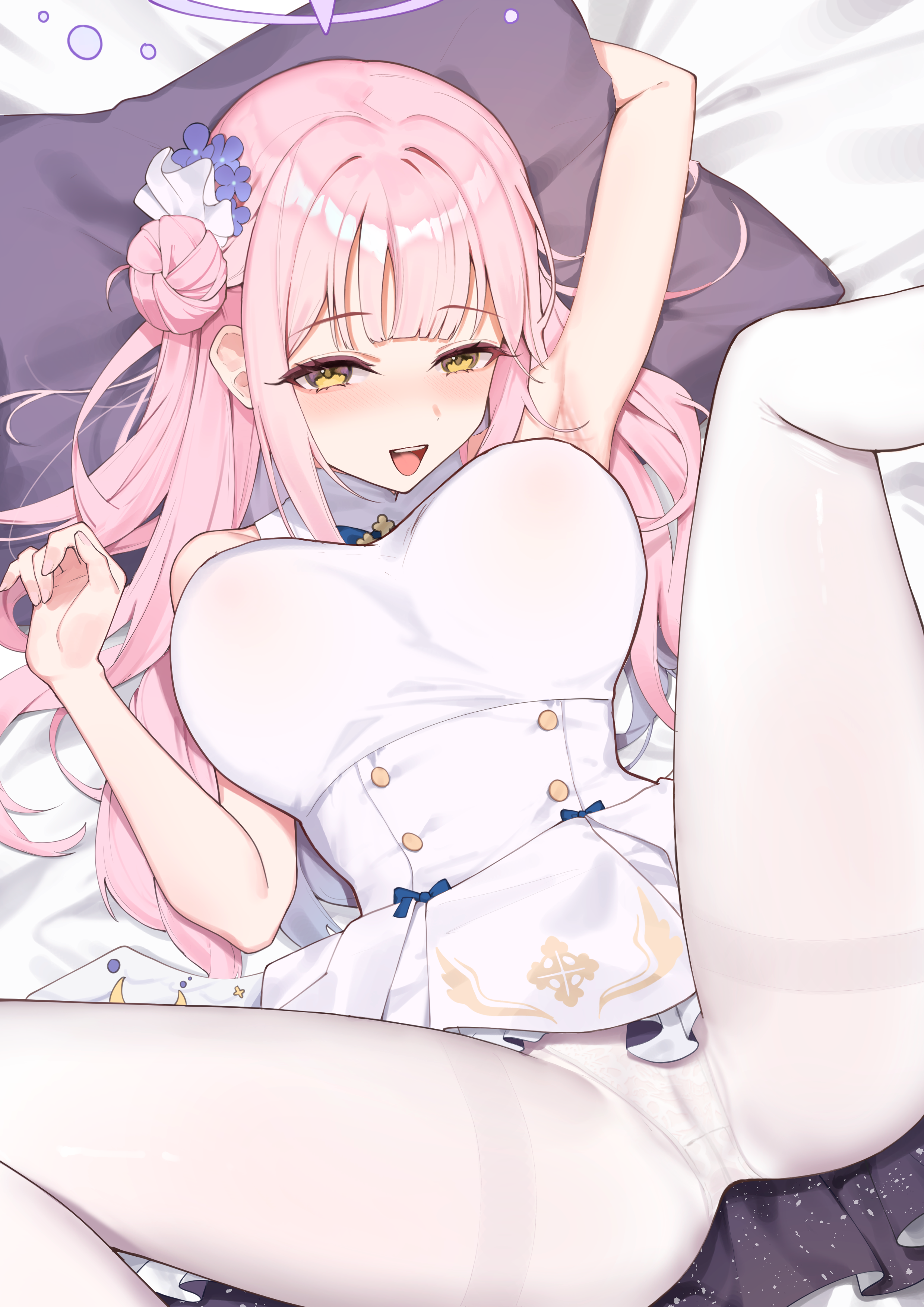 Anime 2480x3508 anime anime girls cameltoe Misono Mika Blue Archive lying down Fang Qiao lying on back looking at viewer blushing open mouth hairbun yellow eyes pink hair flower in hair one arm up long hair spread legs pantyhose big boobs pillow skirt frills anime girl with wings wings portrait display