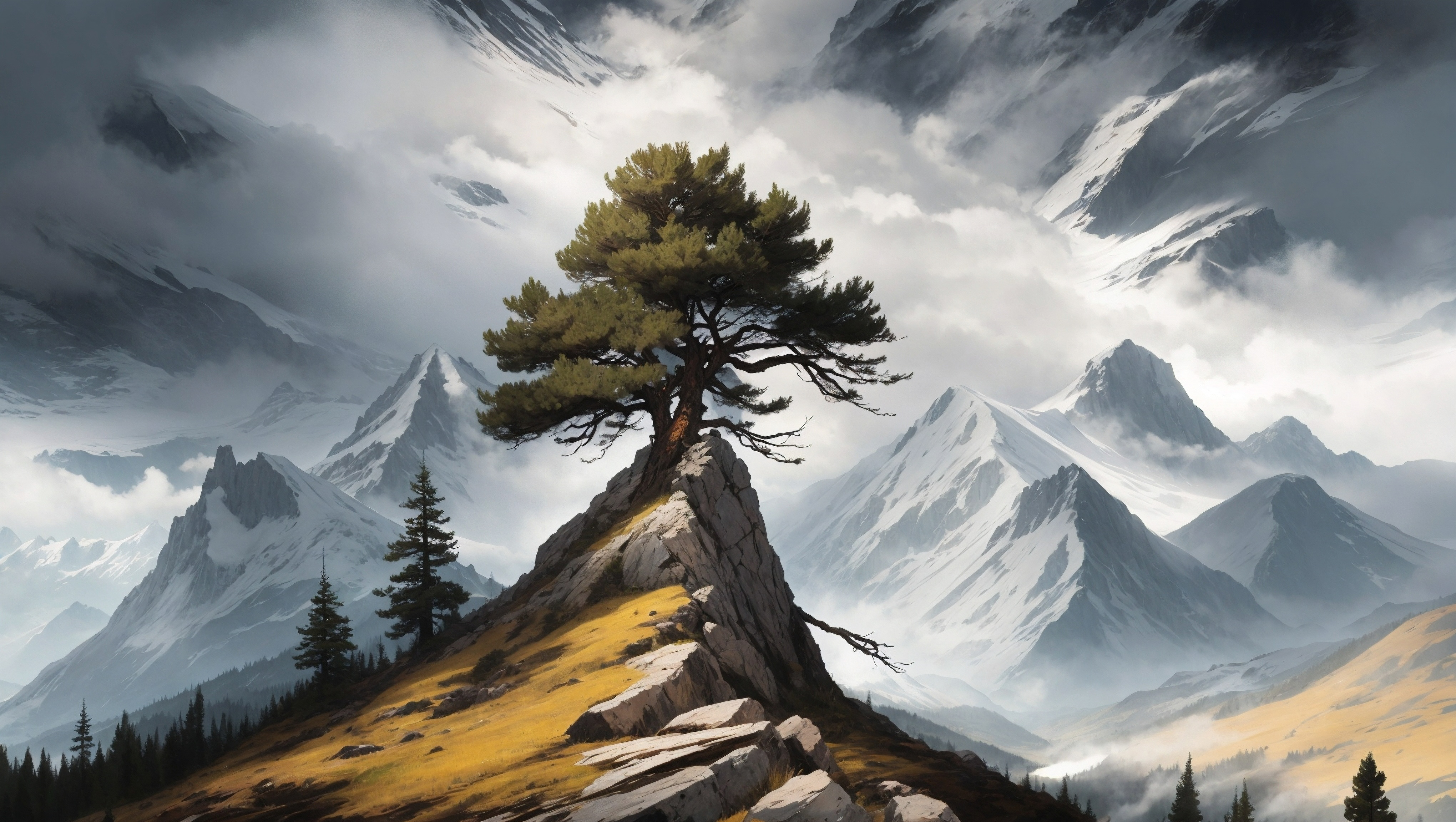 General 4080x2304 AI art digital art digital painting landscape mountains fir-tree trees snow storm nature snowy mountain outdoors mist sky clouds