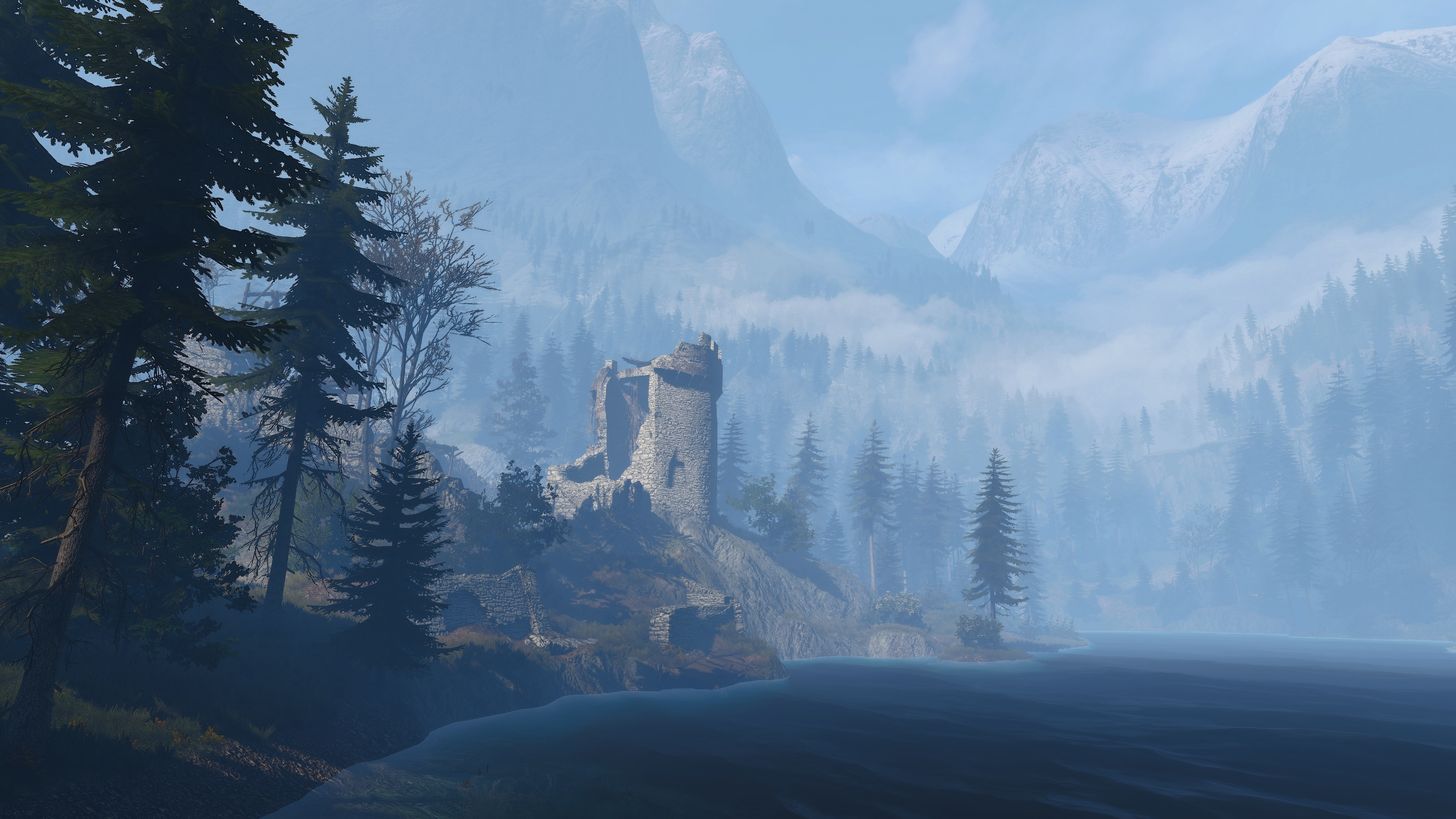 General 3840x2160 The Witcher 3: Wild Hunt PC gaming screen shot lake Kaer Morhen mist mountains ruins forest trees video game art water video games nature sky snow CGI