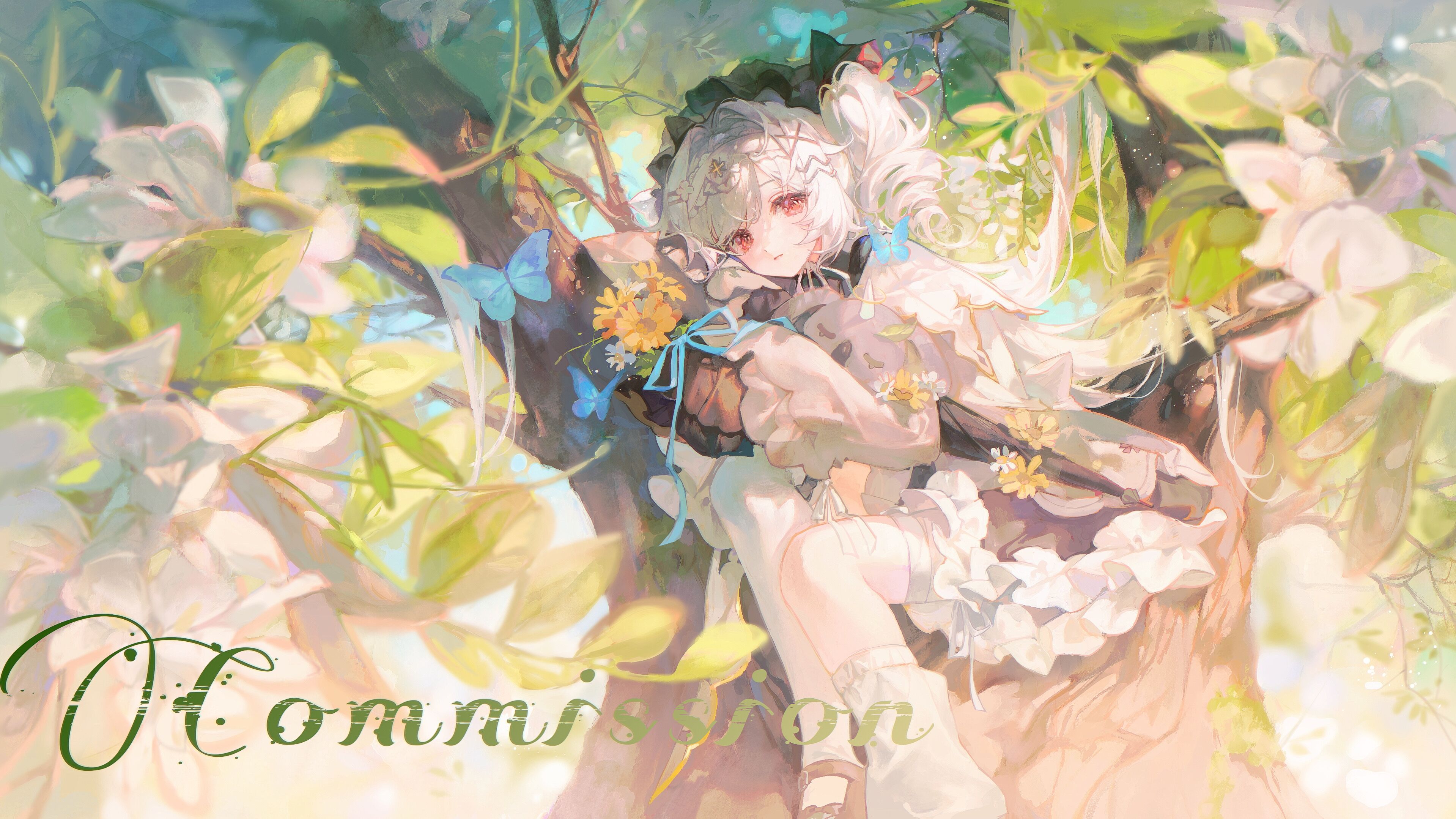 Anime 3837x2157 anime anime girls Matcha trees leaves looking at viewer frill dress lying down lying on side white hair red eyes sunlight frills dress butterfly insect closed mouth branch long hair