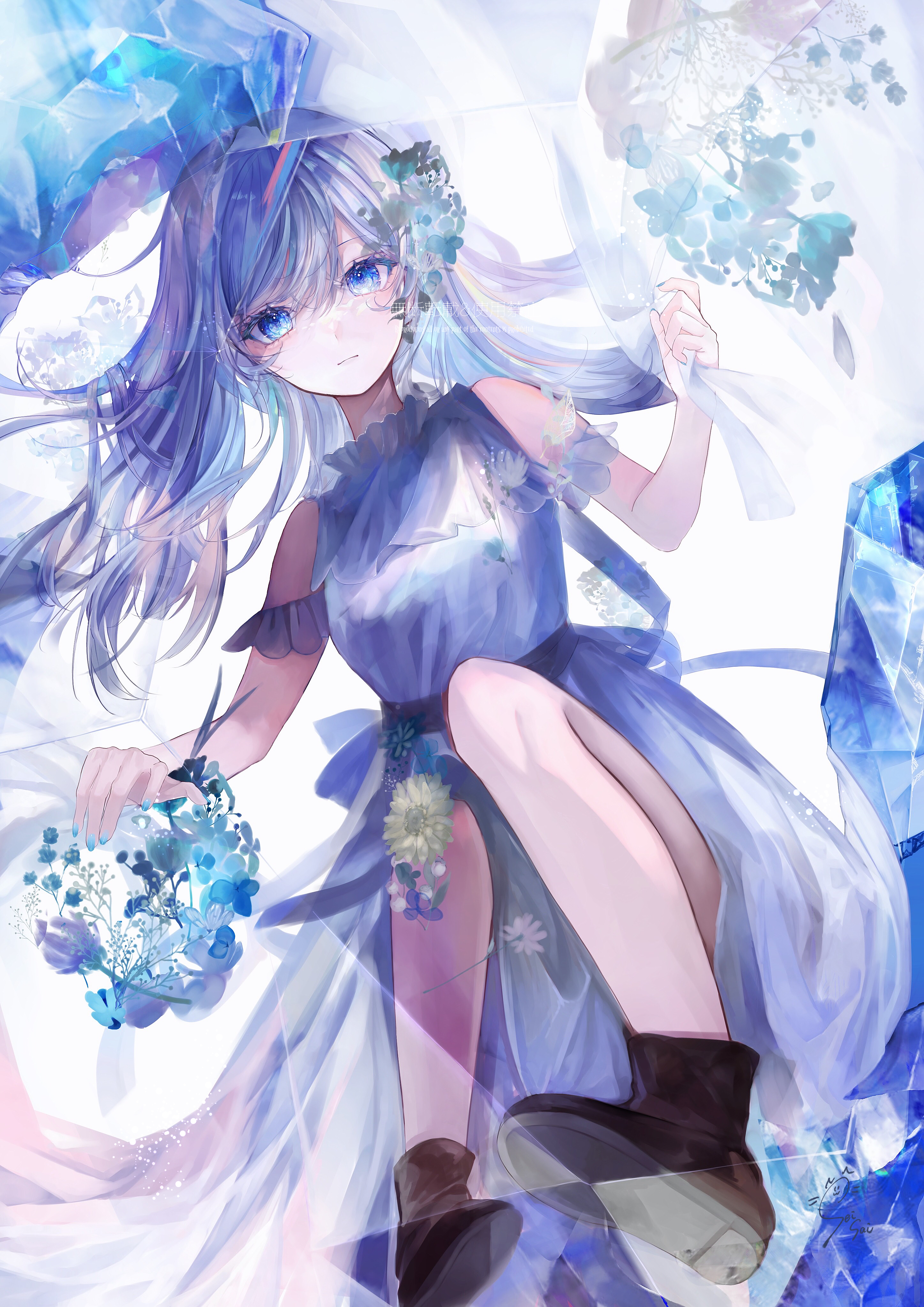 Anime 2894x4093 anime anime girls portrait display long hair bare shoulders dress looking at viewer flowers bent legs blue eyes