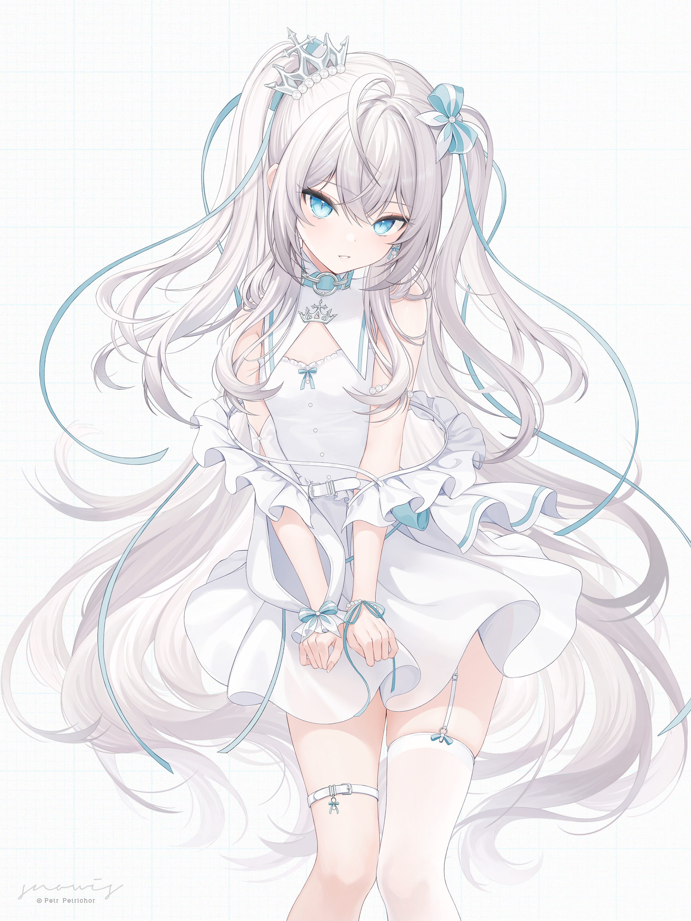 Anime 2300x3066 anime anime girls Snow Is hair between eyes simple background frills white background crown hair ornament thigh-highs white thigh highs leg ring watermarked signature ahoge looking at viewer skinny bare shoulders dress indie virtual youtuber twintails parted lips Skindentation standing knees together long hair choker