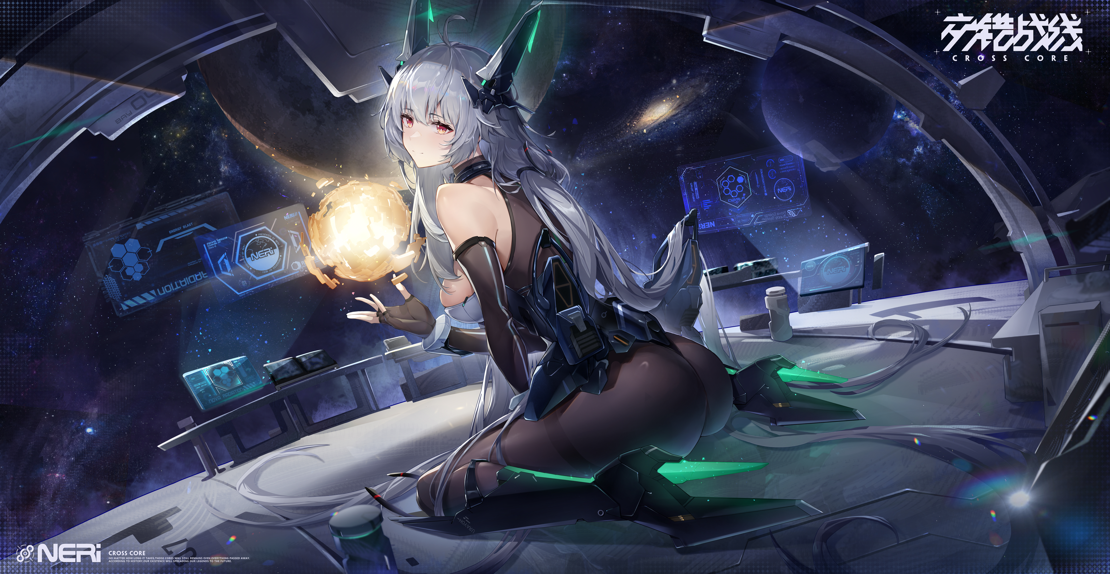 Anime 4500x2328 anime anime girls Cross Core long hair wariza closed mouth video games smiling yellow eyes gray hair huge breasts sideboob video game girls space elbow gloves gloves fingerless gloves heels rear view thick ass text ass stars title looking at viewer technology