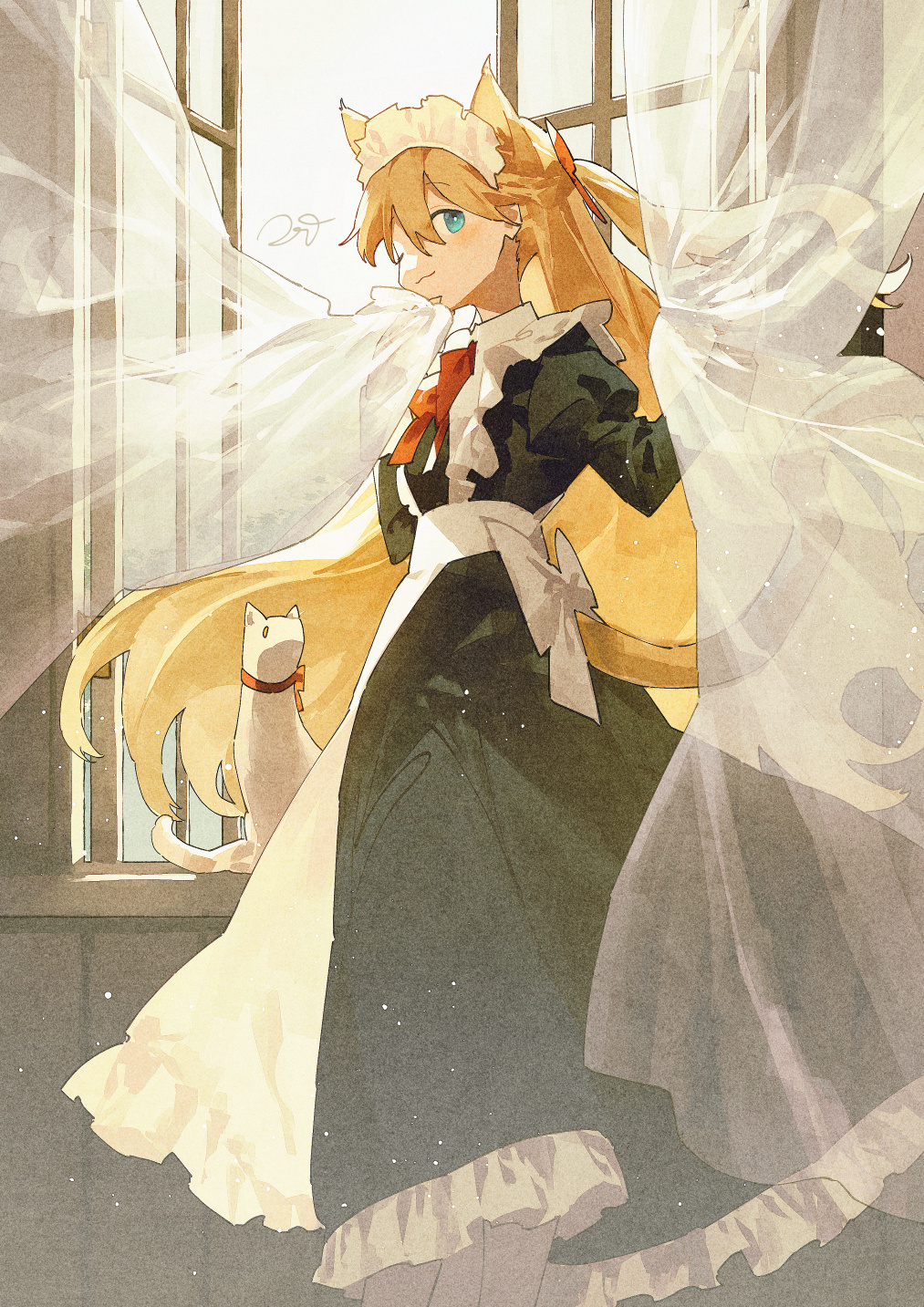 Anime 1013x1433 Potg anime solo blonde maid smiling blue eyes cat tail cat girl ribbon red ribbon White ribbon frills Open Windows curtains standing portrait display looking at viewer animals anime girls maid outfit hair between eyes cat ears by the window window