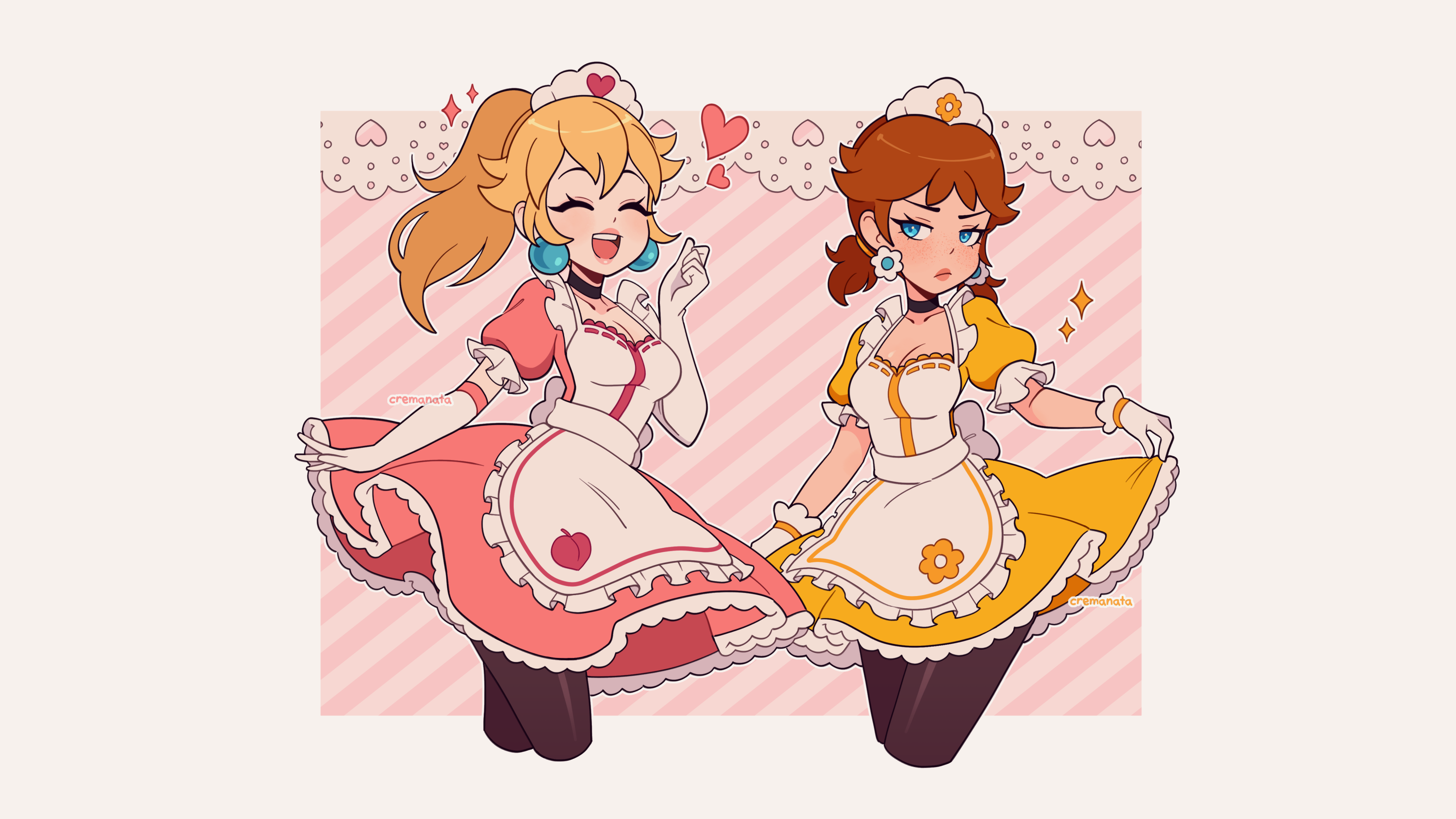 General 3200x1800 Nintendo bangs blunt bangs Princess Peach Princess Daisy Mario Bros. open mouth happy leggings pantyhose black pantyhose ponytail blonde brunette shoulder length hair flowers heart (design) dress frill dress frills gloves white gloves arm warmers pink dress yellow dress apron white apron blue eyes closed eyes cleavage boobs maid outfit maid choker Elbow Pads hair ornament blushing lifting dress holding dress long hair simple background white background lace twintails freckles cremanata frown signature