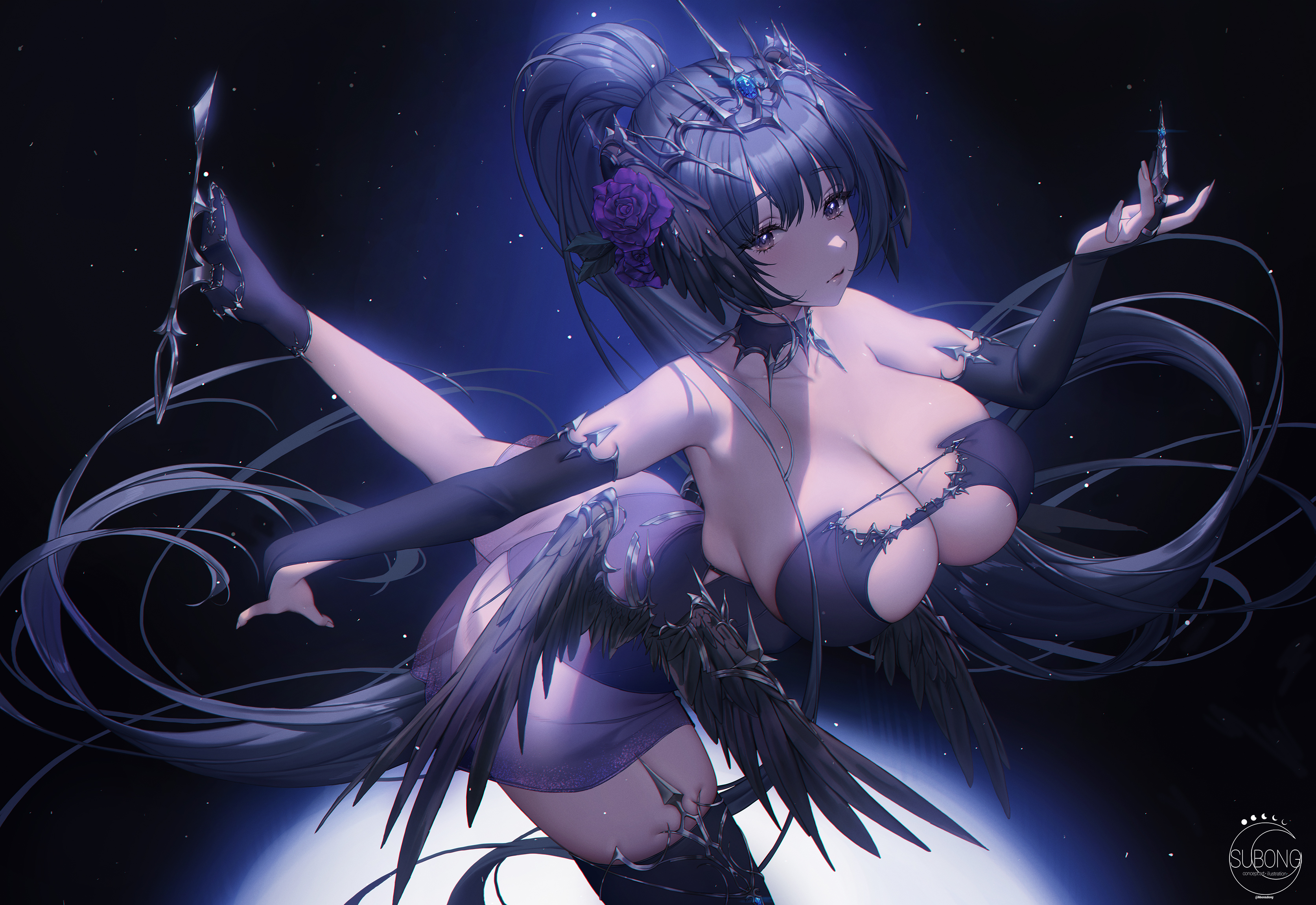 Anime 3346x2302 anime girls flower in hair standing on one leg wings ice skate purple dress looking at viewer ponytail huge breasts purple eyes cleavage cutout cleavage black background dress simple background rose bare shoulders signature missing stocking leg up black hair bridal gauntlets long hair strapless dress Subong black wings