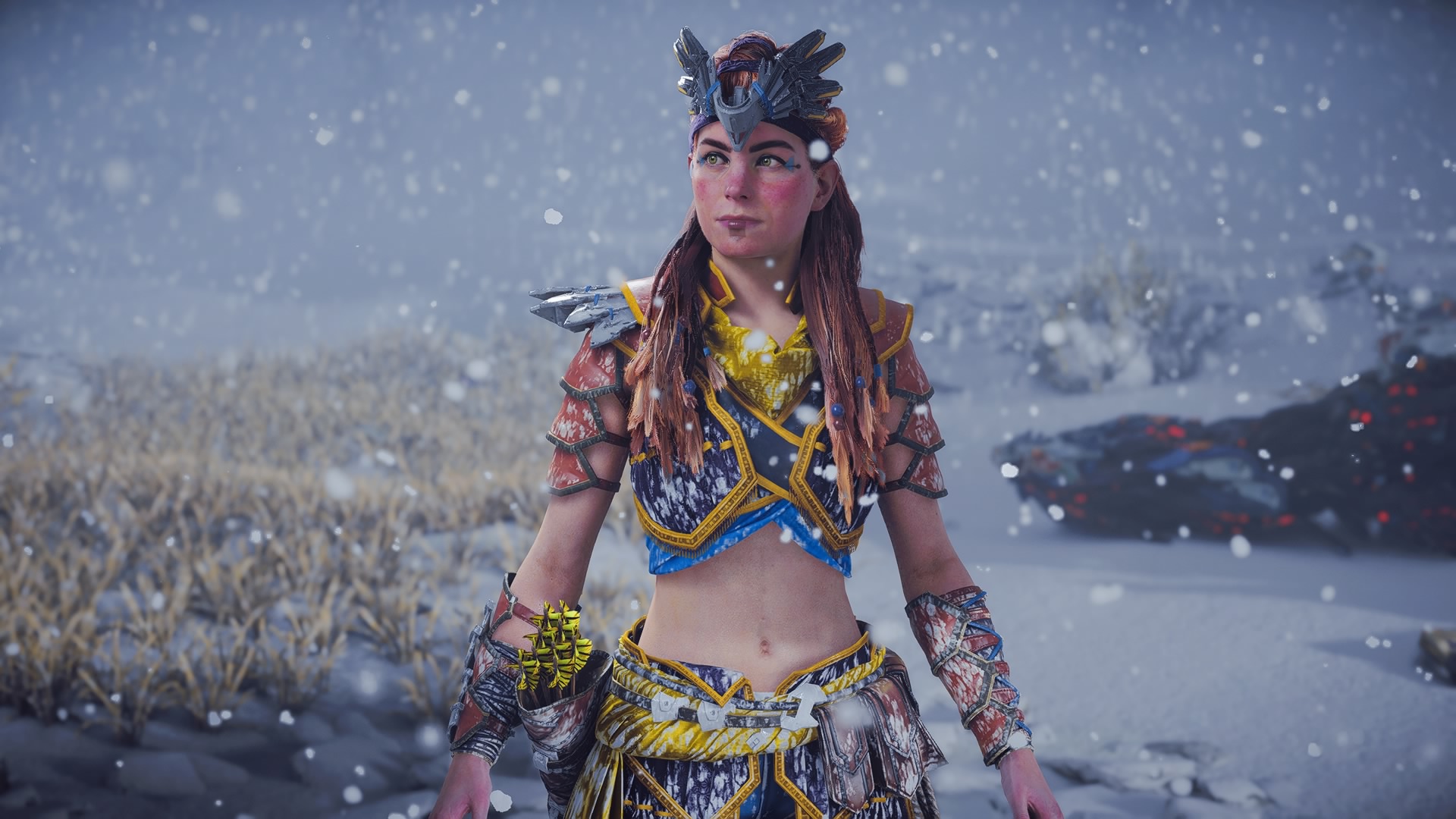 General 1920x1080 Horizon Forbidden West video games screen shot guerrilla games snow video game characters CGI Aloy PlayStation 4 video game art standing video game girls snowing looking away long hair brunette bare midriff blurred blurry background