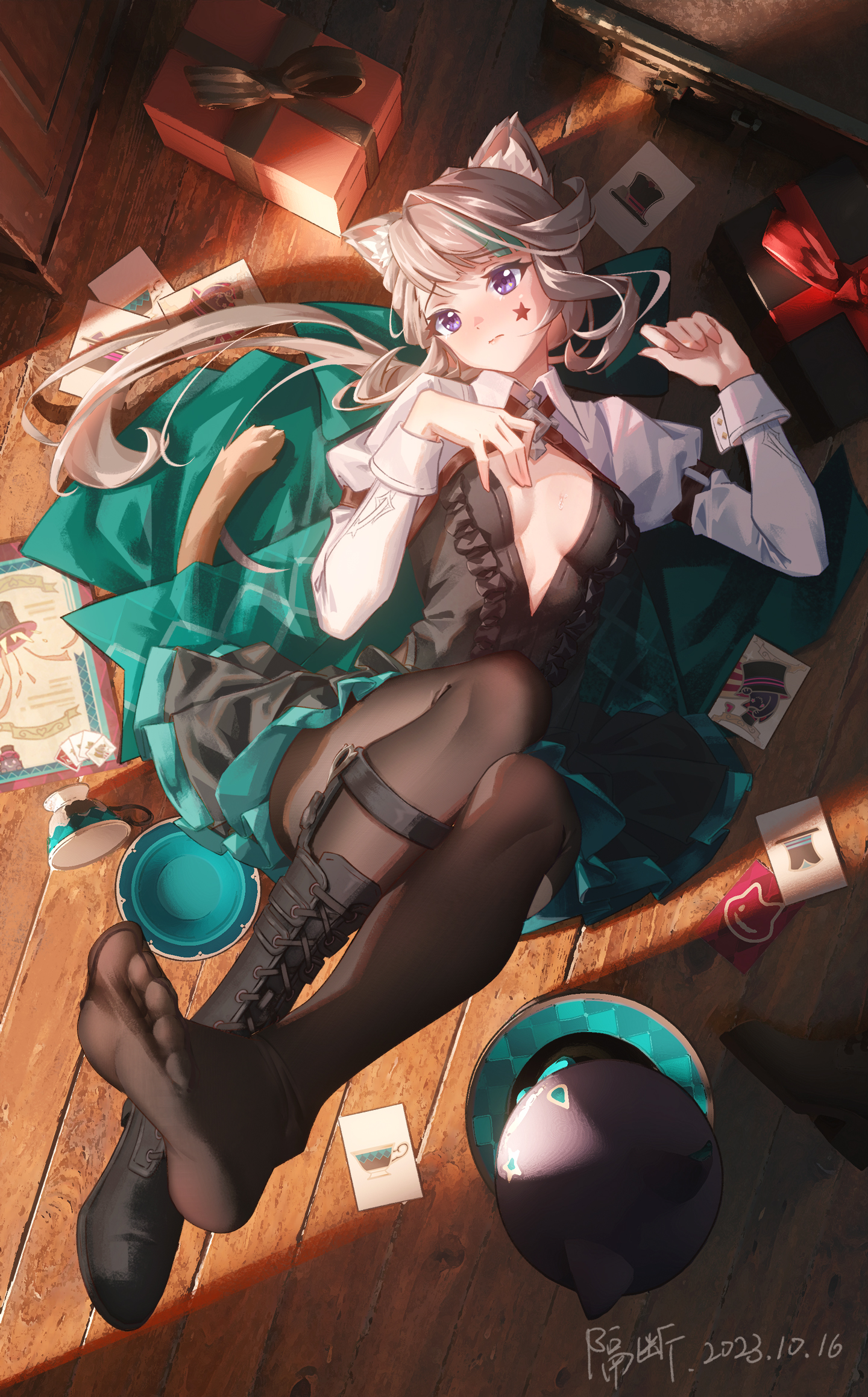 Anime 1440x2317 anime anime girls Lynette (Genshin Impact) Genshin Impact feet pantyhose top view portrait display Geduan lying down lying on back cat girl cat ears hat cat tail closed mouth signature 2023 (year) cards floor cup wooden floor on the floor hand(s) on chest sideboob long hair long sleeves