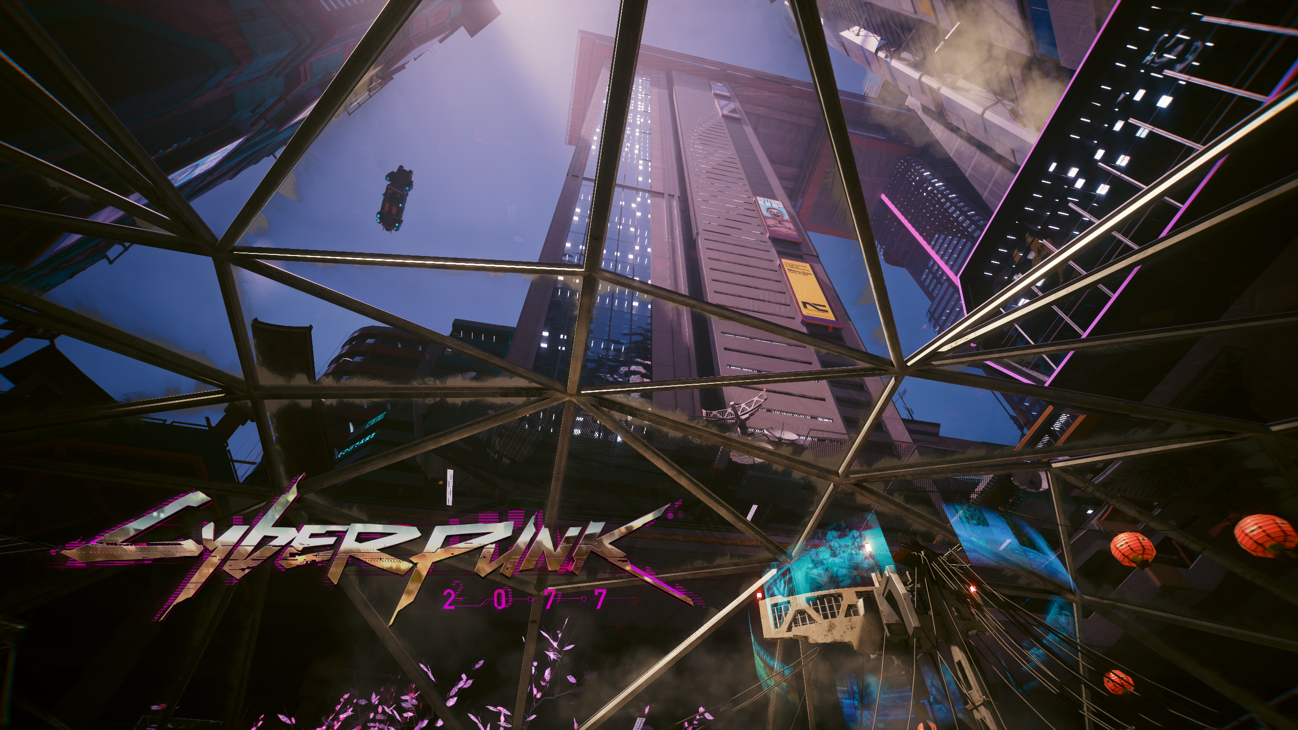 General 2560x1440 Cyberpunk 2077 video games futuristic city video game art building sky title sunlight worm's eye view CGI sky lanterns