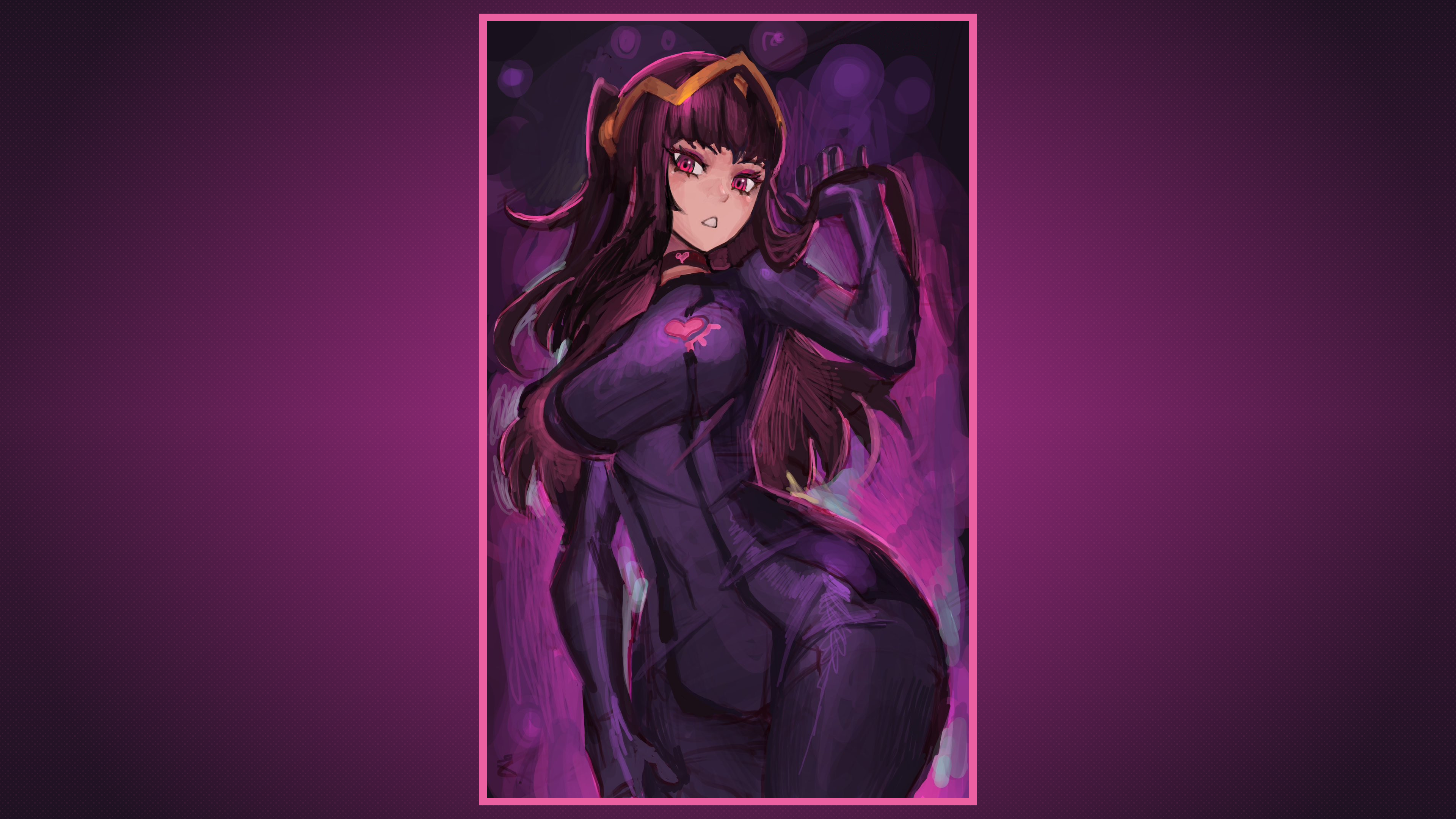 Anime 3840x2160 Tharja alternate costume crossover Nintendo Metroid Fire Emblem Fire Emblem Awakening long hair thick thigh thighs thick ass Zero Suit Samus zero suit tight clothing purple hair big boobs looking below thighs together purple eyes sketches purple choker hair ornament choker cosplay looking at viewer heart (design) boobs ass simple background Saiykik