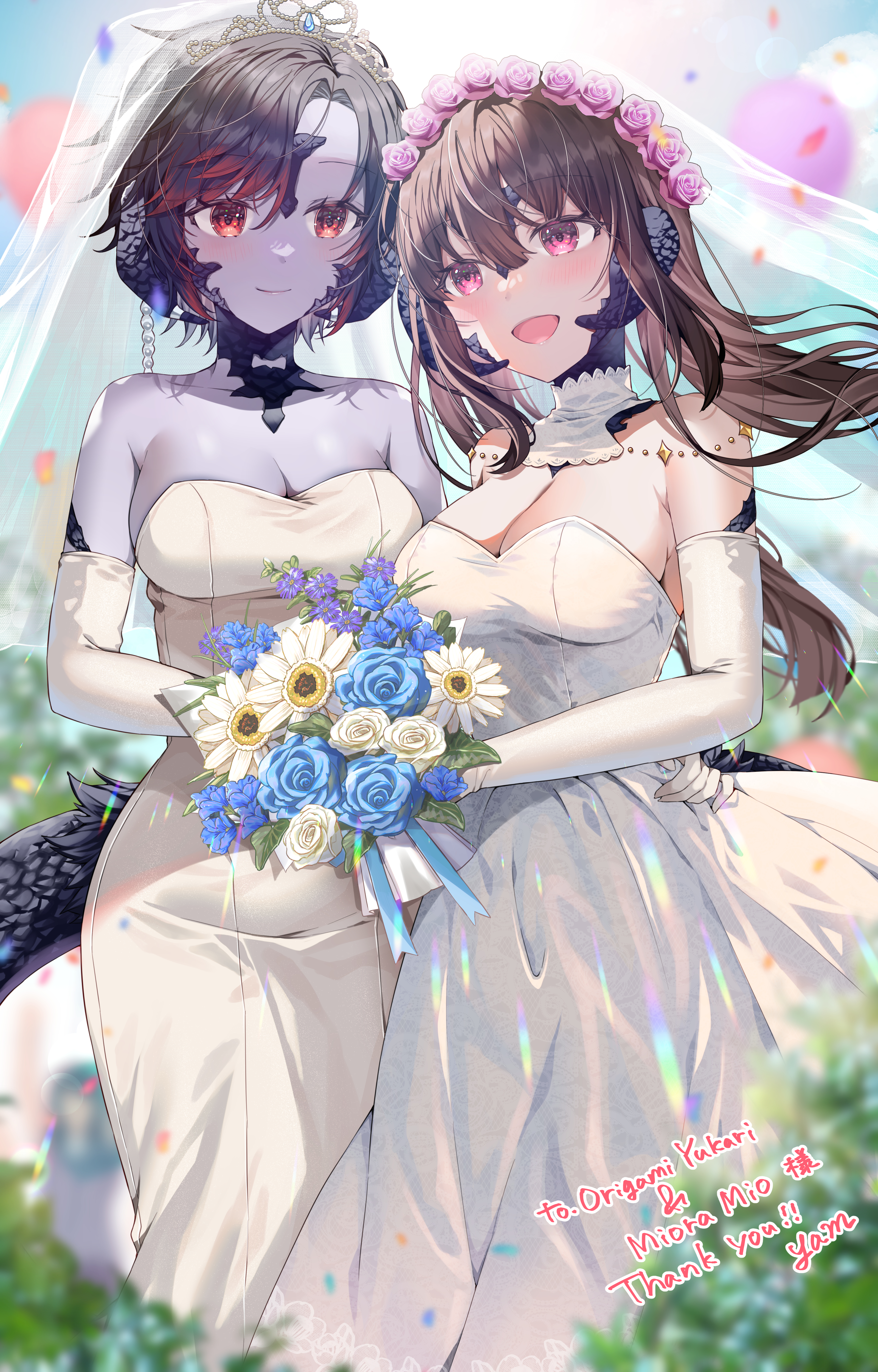 Anime 3200x5000 anime anime girls Final Fantasy XIV The AU RA yamaP_mako standing Final Fantasy dress wedding dress flowers Au Ra hair between eyes cleavage bare shoulders elbow gloves gloves sunlight collarbone long hair flower in hair red eyes purple eyes brunette dark hair tiaras holding flowers closed mouth open mouth short hair boobs hands on hips tail