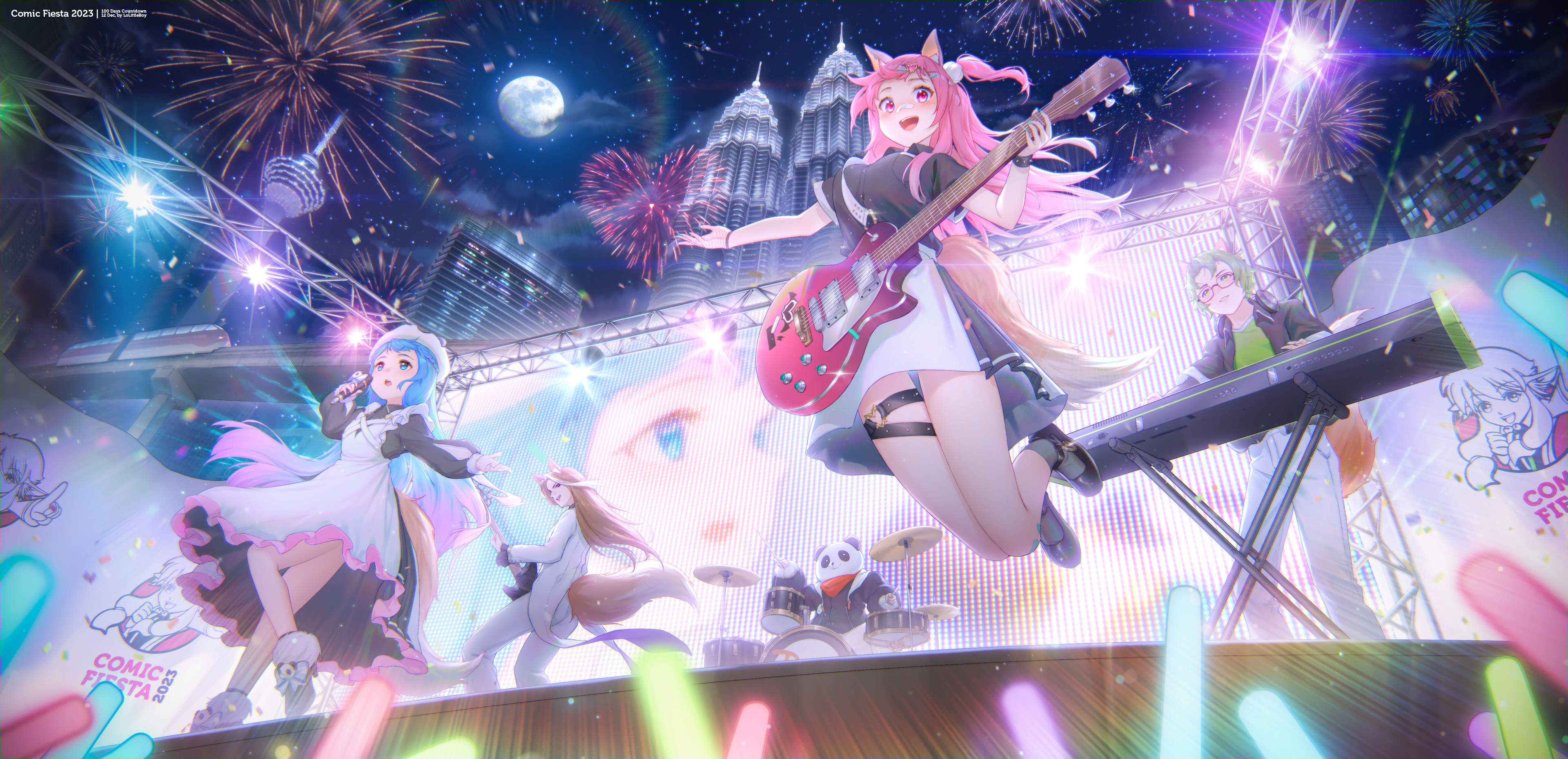 Anime 3840x1860 anime anime girls musical instrument night concerts fireworks low-angle jumping LoLittleBoy moonlight stages stage light looking at viewer long hair microphone building sky clouds Moon drumsticks (instrument) drums watermarked stars open mouth blushing hair ornament Band-Aid piano gradient hair two tone hair electric guitar guitar rainbows band fox girl smiling fox ears leg ring fox tail glasses anime boys Fox boy