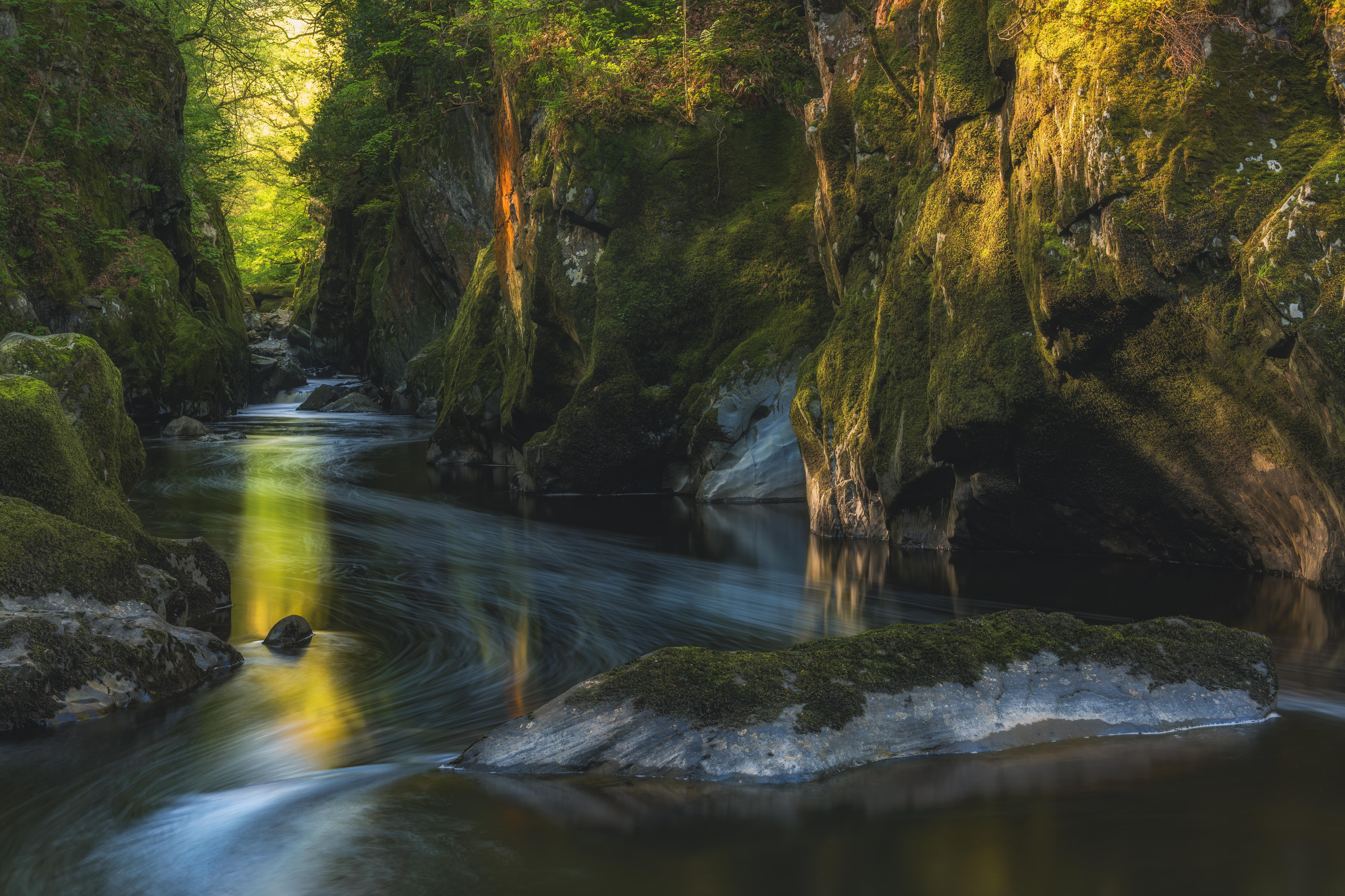 General 6300x4200 river long exposure Wales UK nature forest moss cliff rocks trees