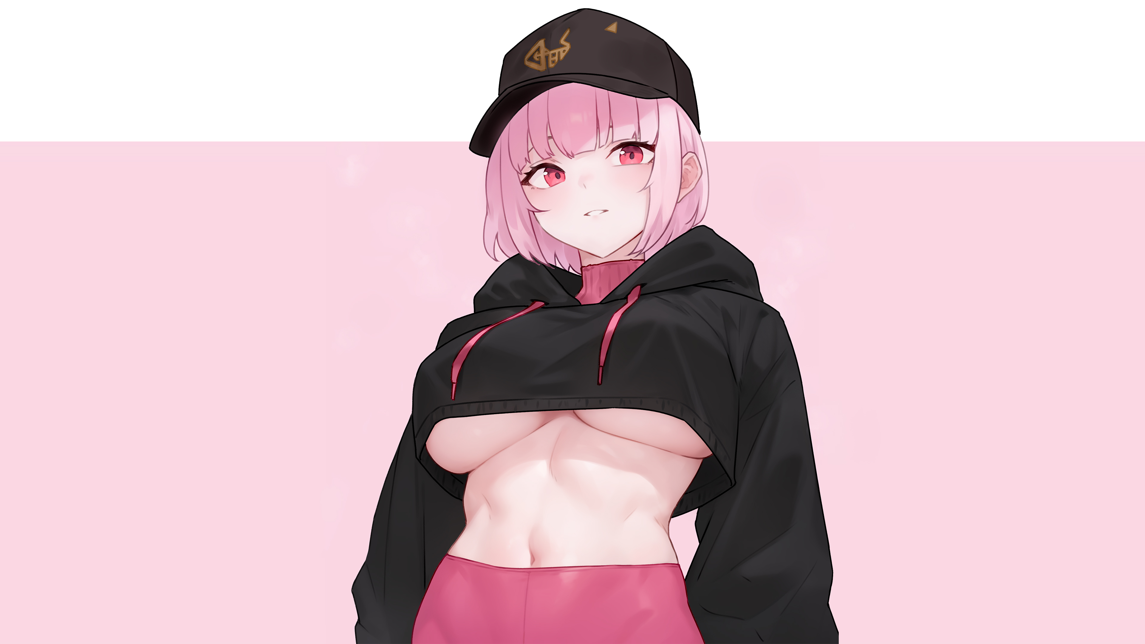 Anime 3840x2160 bluefield Mori Calliope Hololive Hololive English Virtual Youtuber anime anime girls pink hair short hair pink eyes black hat black hoodie underboob boobs bare midriff belly button innie navel abs looking at viewer simple background pink background fan art artwork digital art 2D