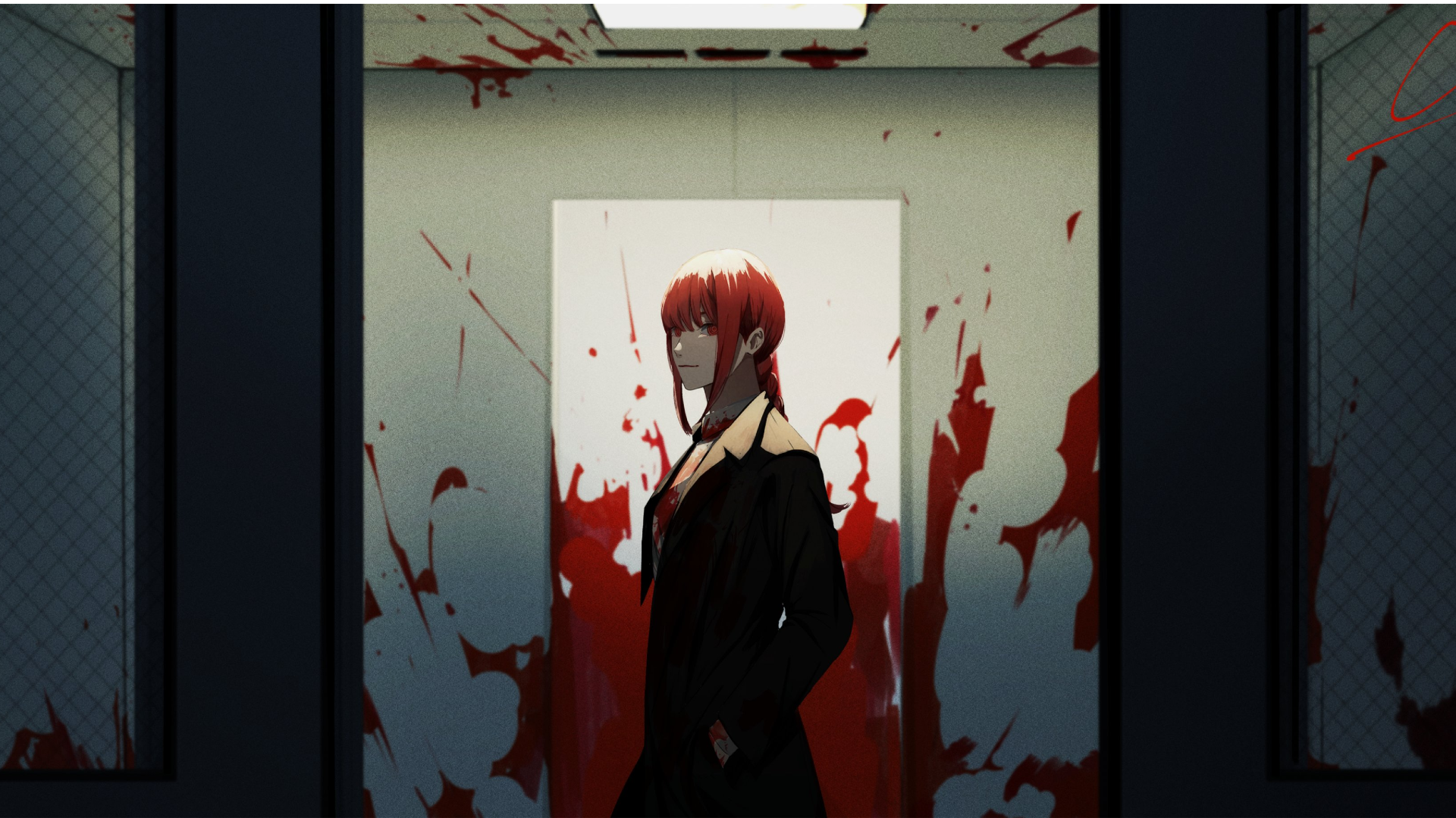 Anime 1920x1080 Makima (Chainsaw Man) Chainsaw Man redhead suit and tie crime Scene blood covered body blood looking at viewer standing ringed eyes closed mouth red eyes hands in pockets anime girls long hair cropped