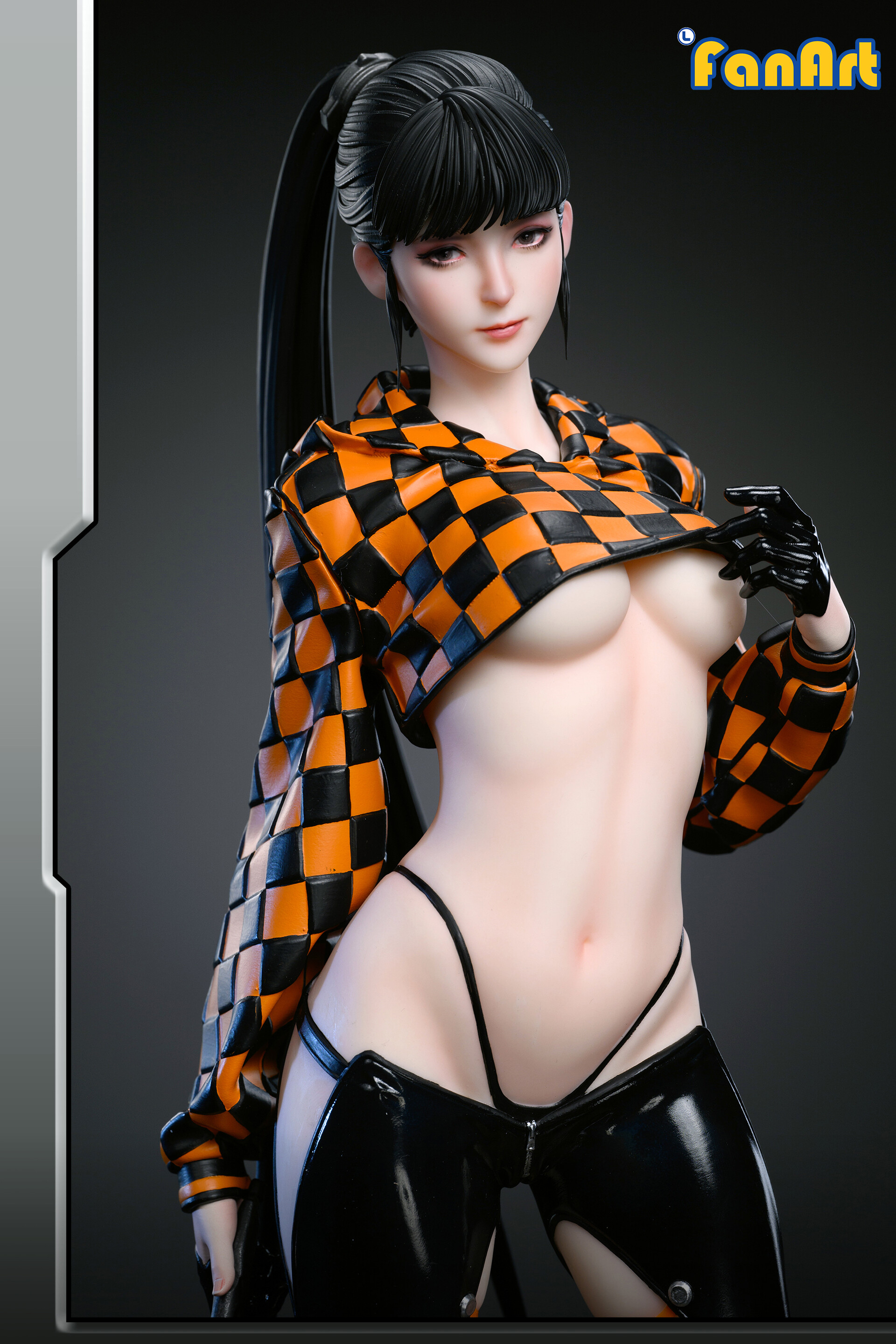 General 1920x2880 BinJie Lee CGI women underboob skimpy clothes ponytail Stellar Blade digital art portrait display long hair Eve (Stellar Blade) skinny looking at viewer no bra thong simple background video game characters video game girls standing watermarked black hair closed mouth checkered lifting shirt lifting clothes boobs