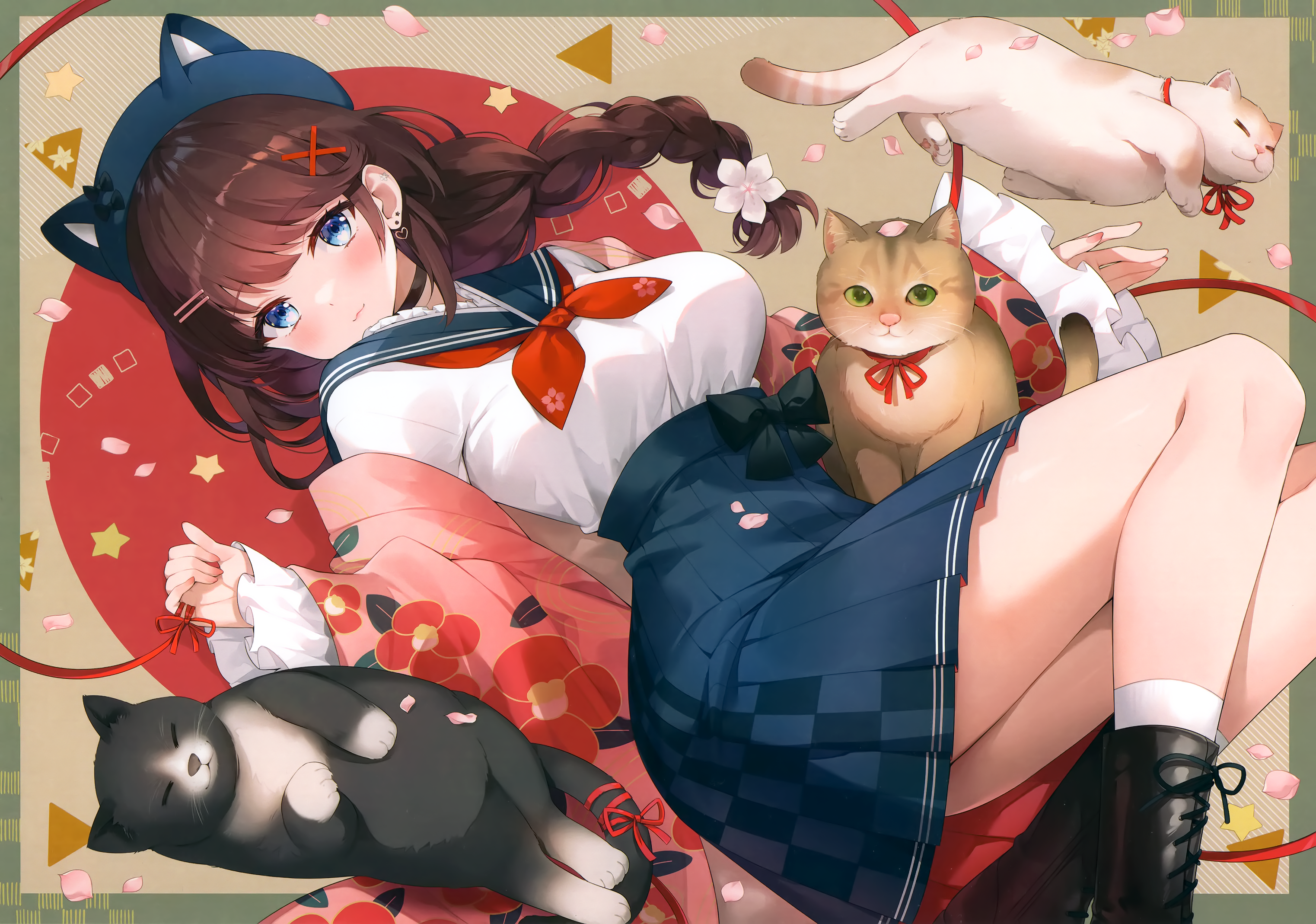 Anime 3045x2137 anime anime girls kimono cats blushing Ayamy