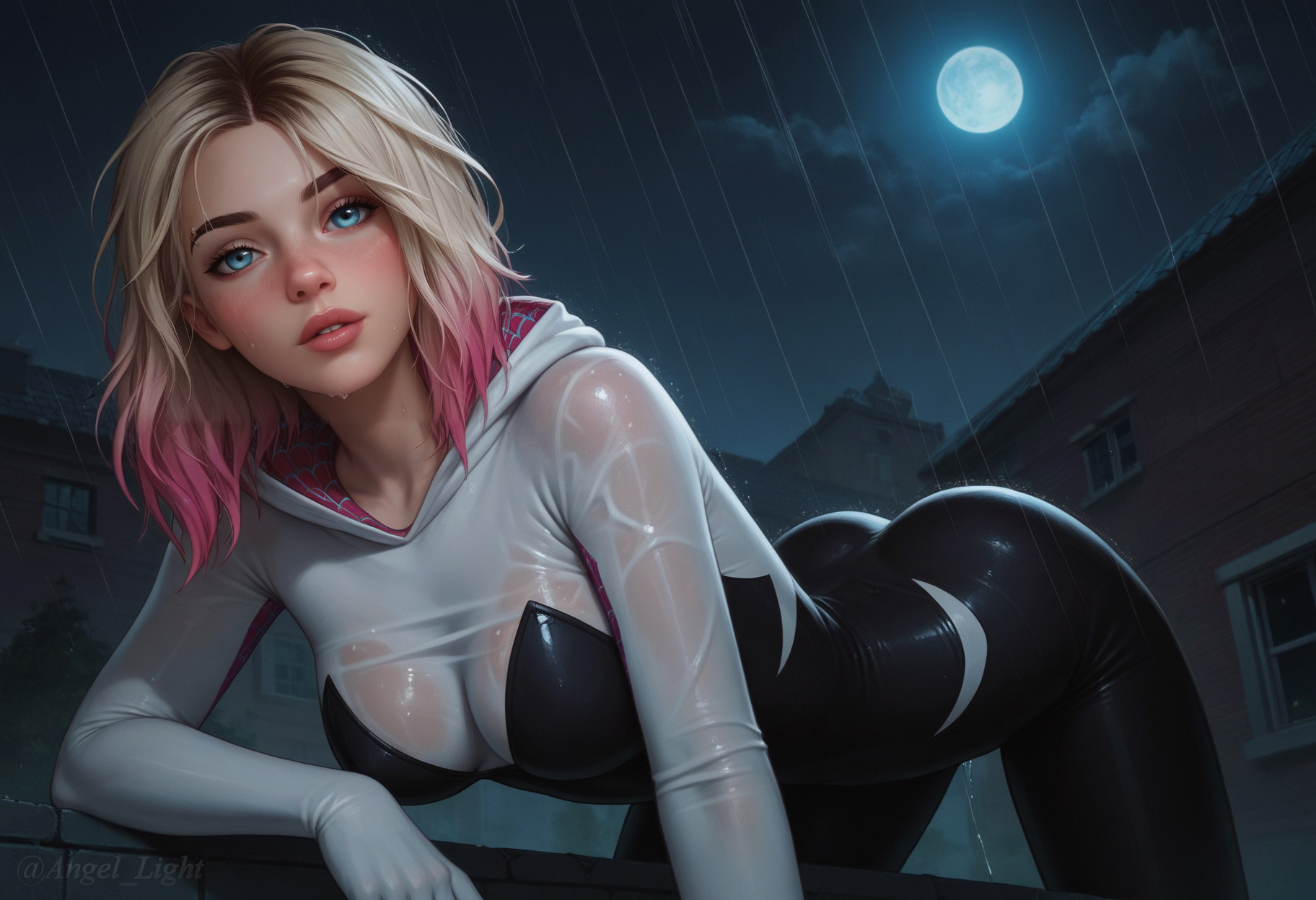 General 1824x1248 Stable Diffusion AI art Gwen Stacy blue eyes dyed hair Moon wet clothing Spider Gwen