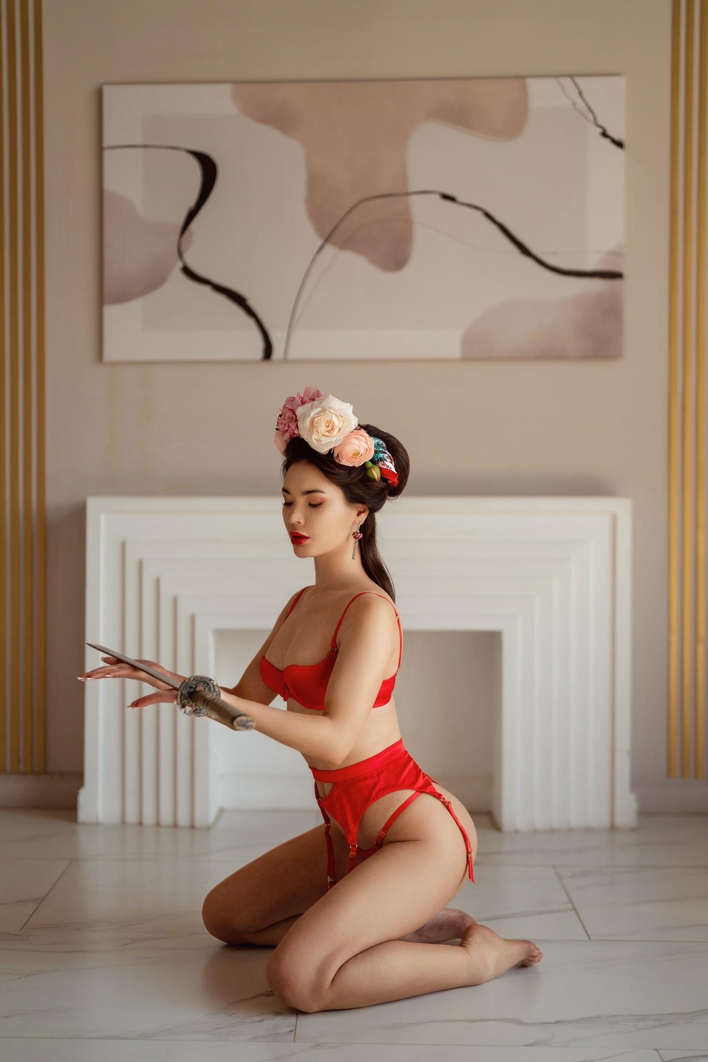 People 1441x2160 Vyacheslav Ivanov women Asian katana red lingerie flower crown Nika Dyo whole body
