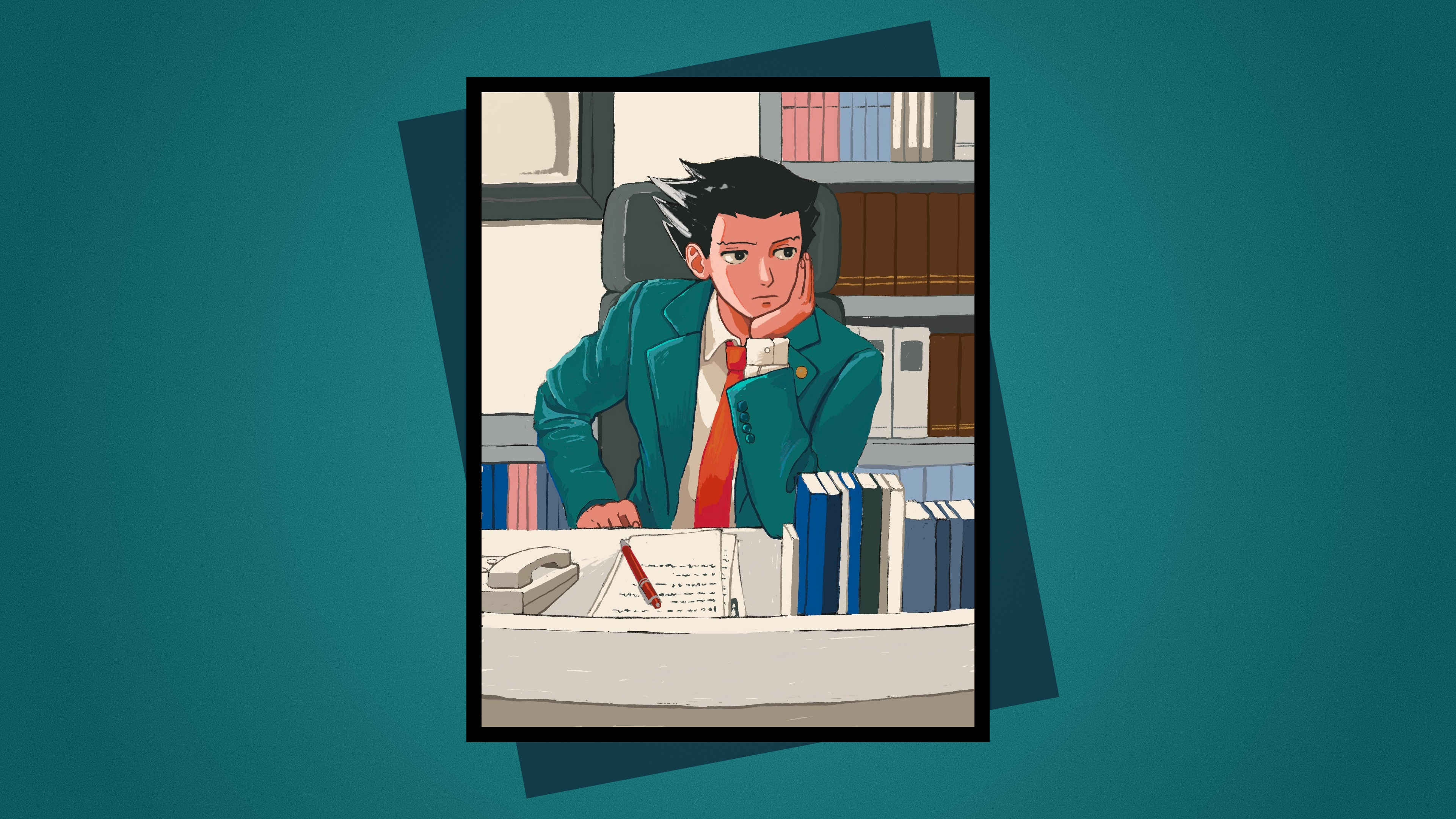 Anime 3840x2160 ace attorney Spiky Hair phoenix wright suits tie red tie blue jacket white shirt simple background looking sideways black hair dark hair Capcom video games paper books anime boys phone pens pencils office office chair office furniture frame