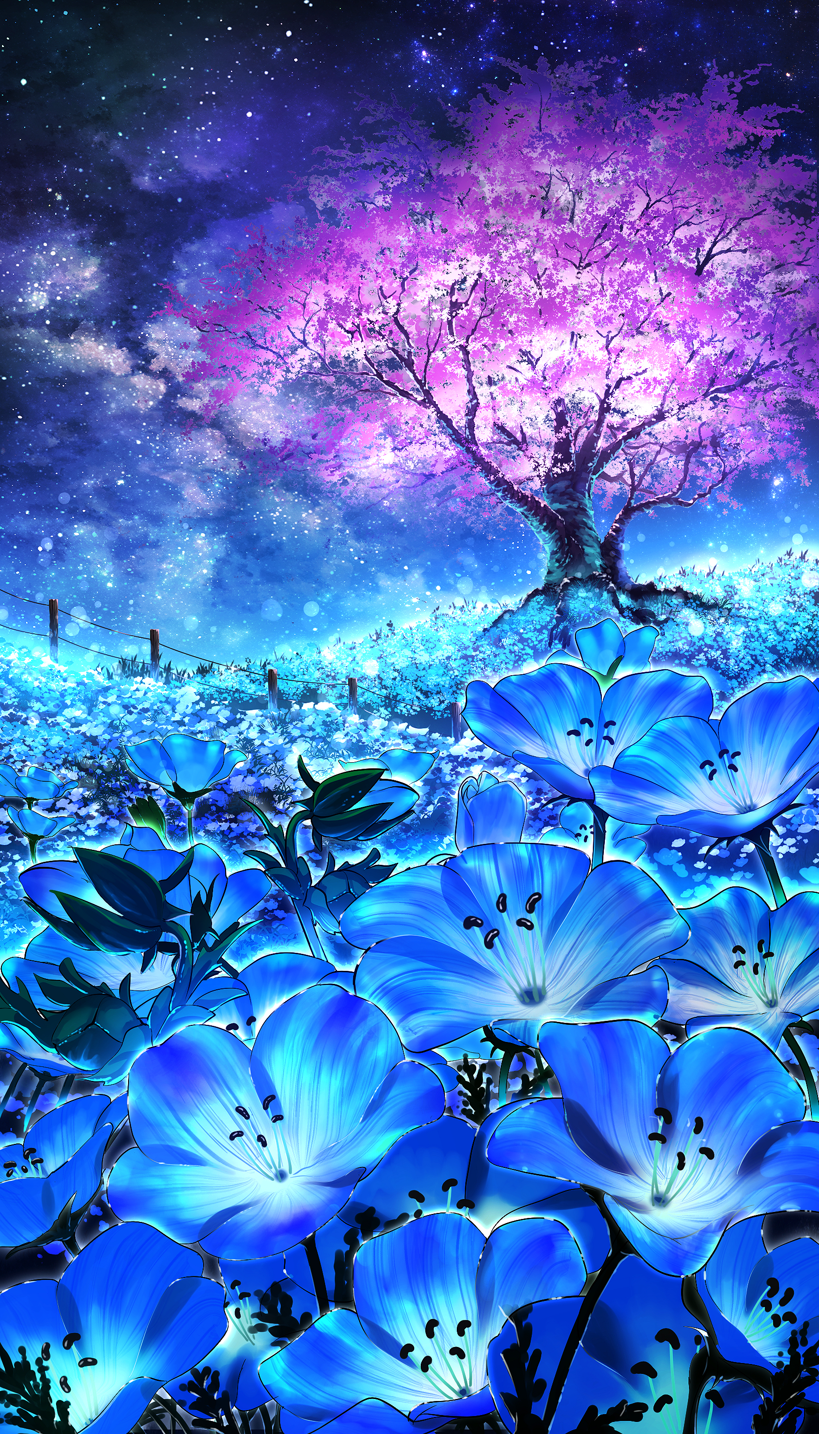 Anime 1637x2867 portrait display flowers starry night starred sky blue flowers landscape stars night field cherry blossom fence grass trees sky nature Smile (artist) outdoors Milky Way galaxy depth of field
